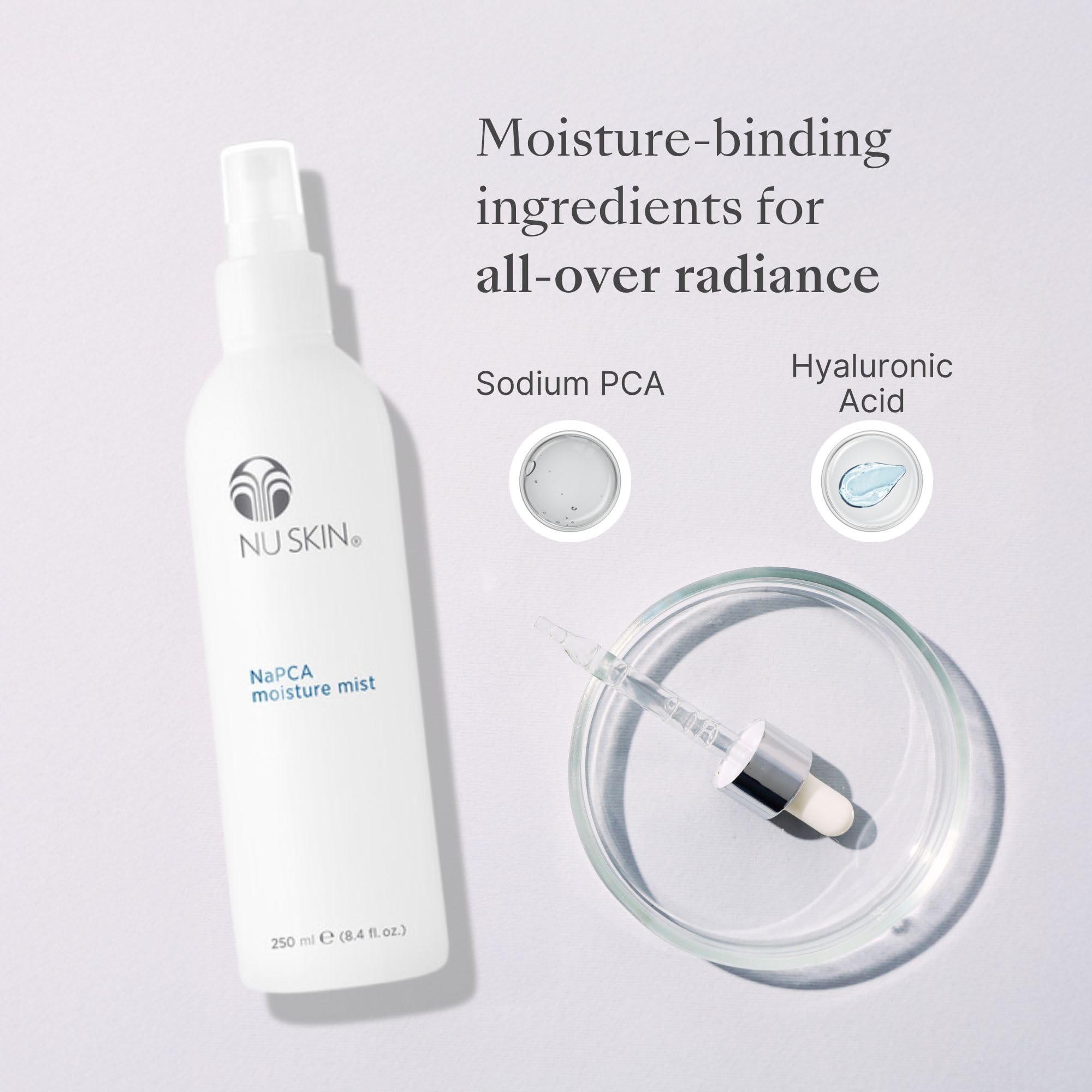 Nu Skin NaPCA Moisture Mist, ingrédients clés sodium PCA et hyaluronique.