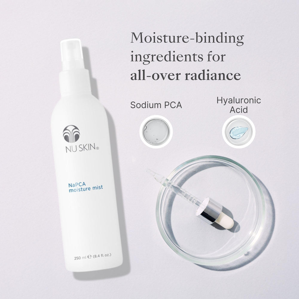 Nu Skin NaPCA Moisture Mist, ingrédients clés sodium PCA et hyaluronique.