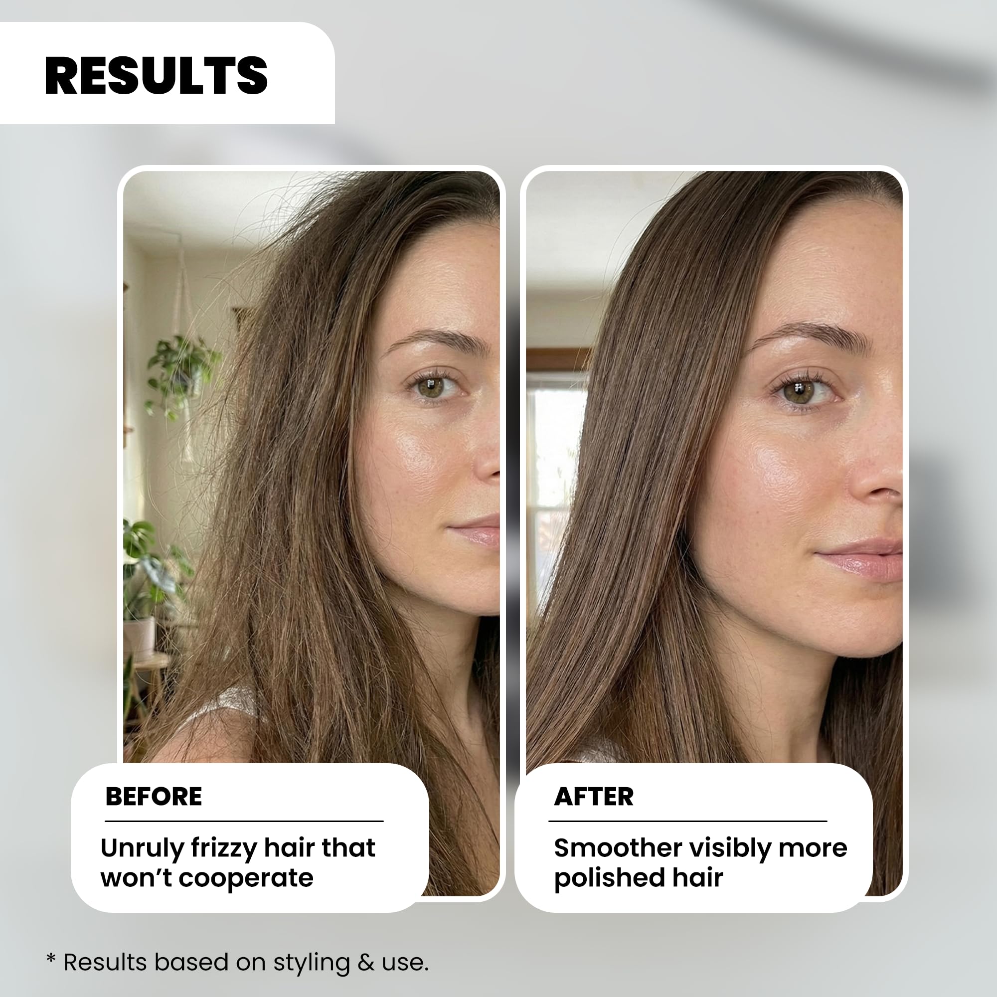 Sérum Nubi Hair – avant et après le lissage, douceur visible.