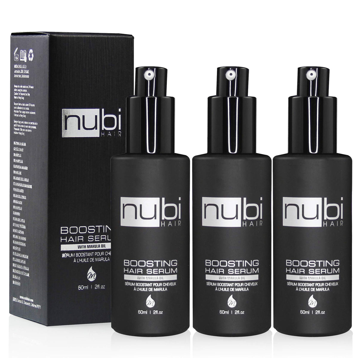 Sérum Nubi Hair – bouteille marula-aloe, brillance naturelle sans lourdeur.