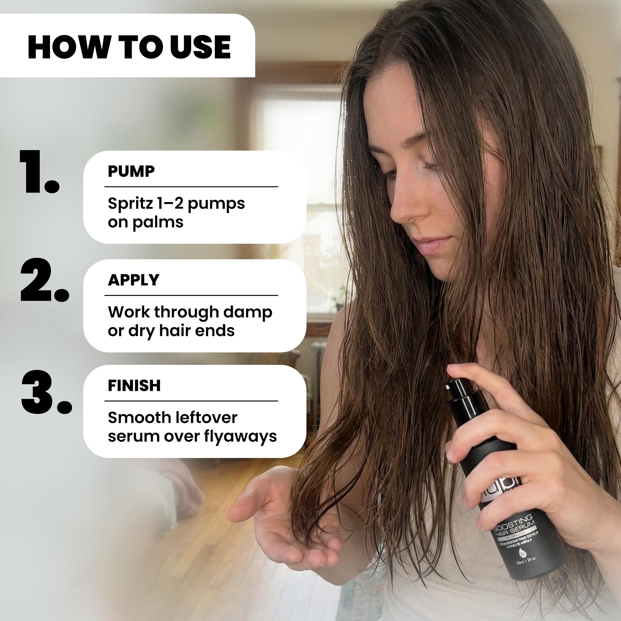 Sérum Nubi Hair – brillance naturelle et fini non gras.