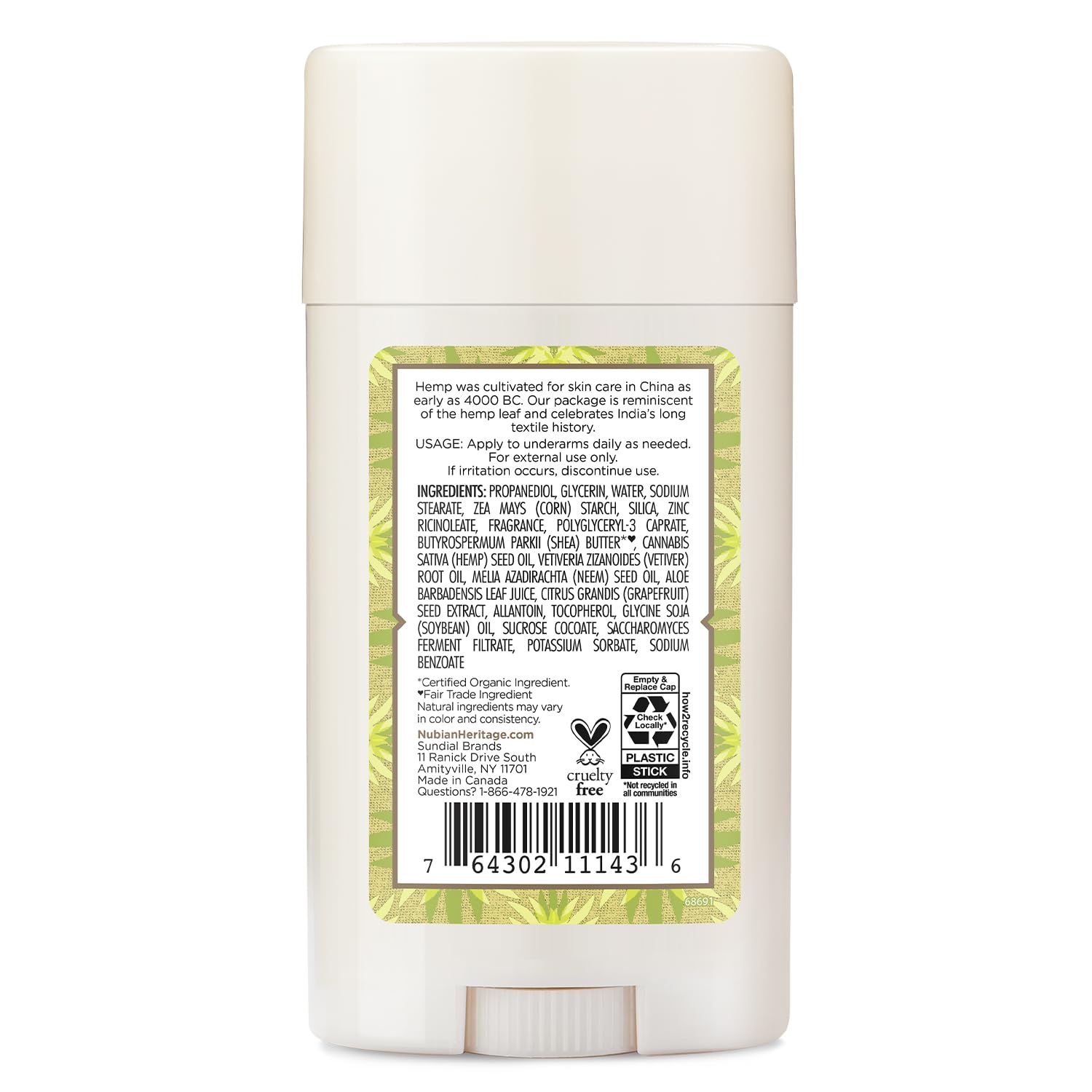 Nubian Heritage déodorant sans aluminium - baton, senteur Vetiver rafraîchissante