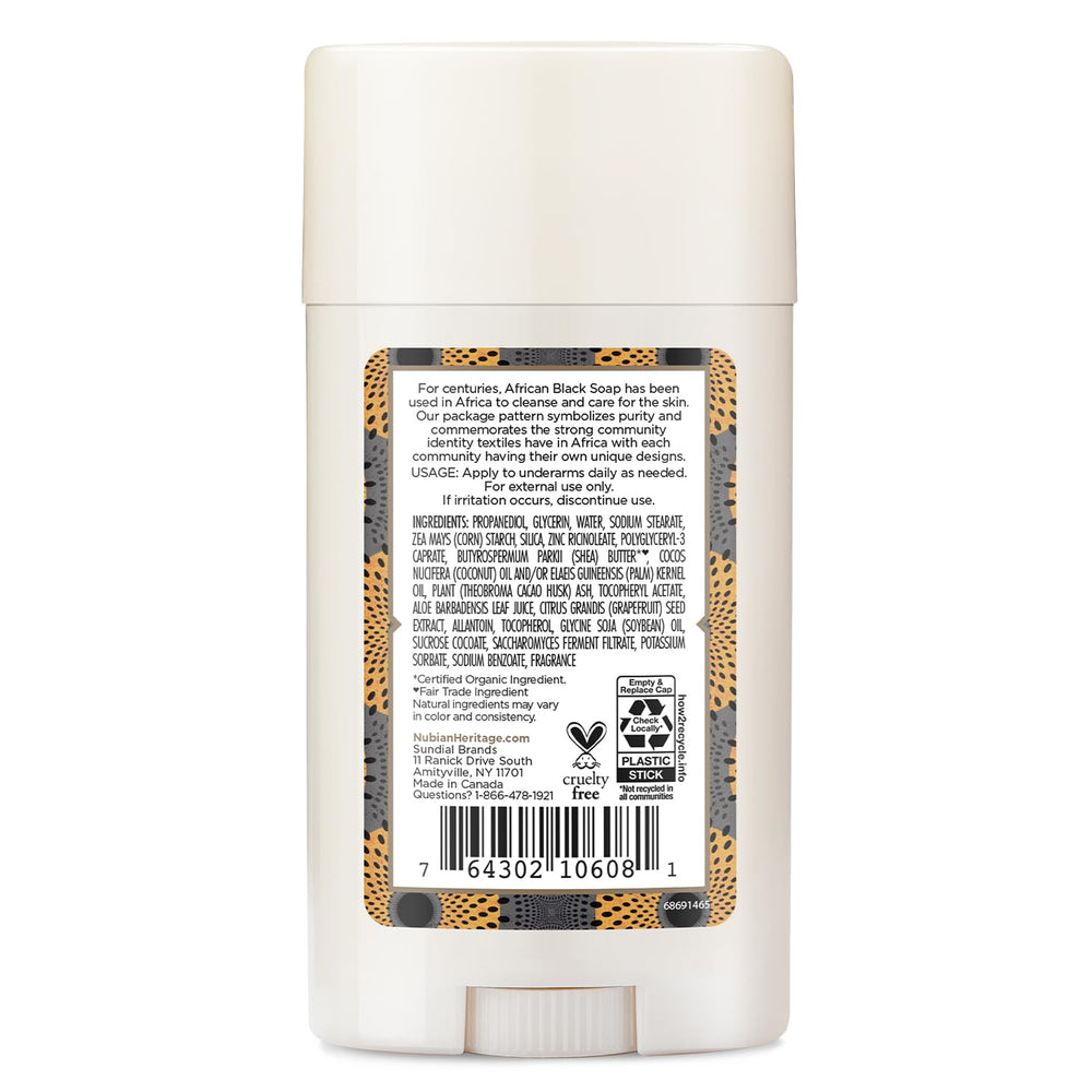 Nubian Heritage Déodorant 24h stick – glisse douce et soin hydratant au beurre de karité.