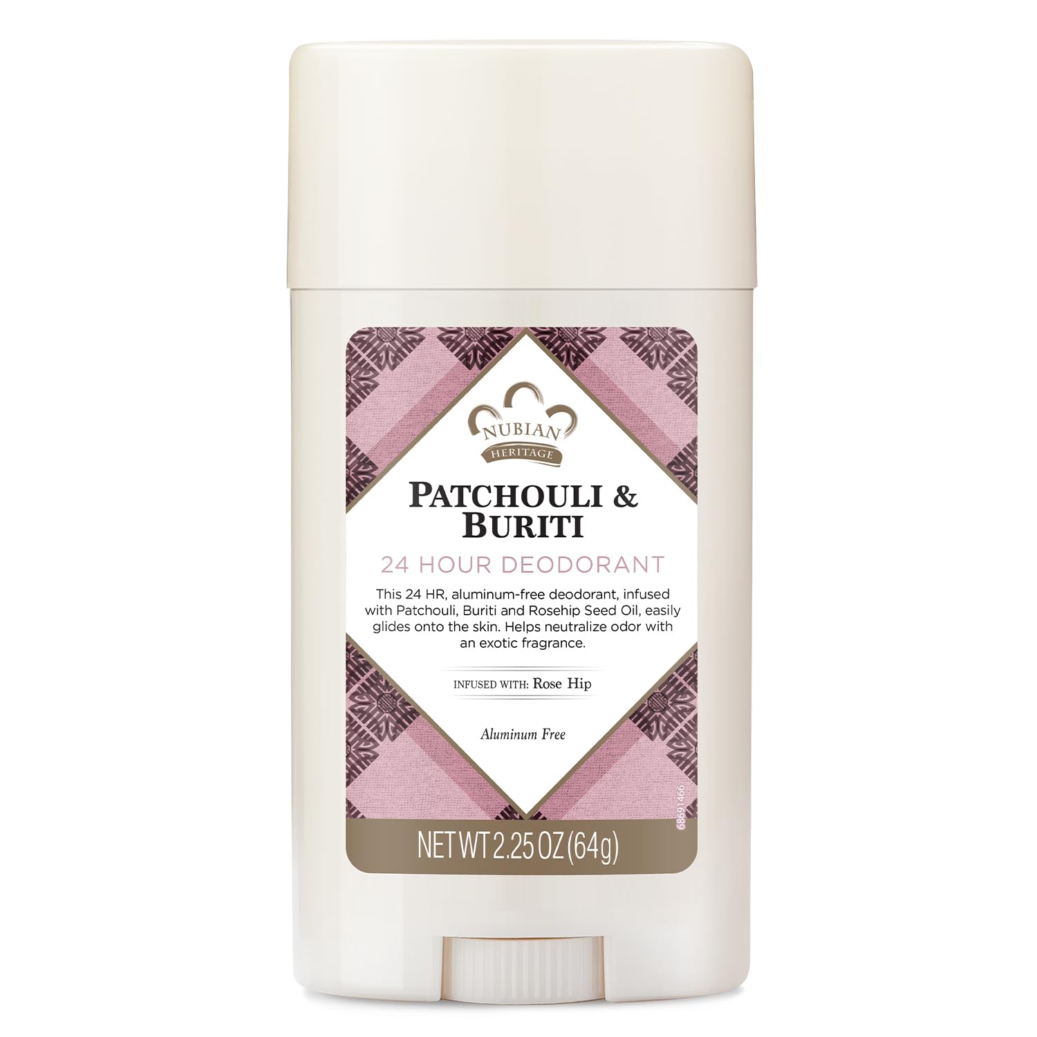 Nubian Heritage déodorant sans aluminium Patchouli et Buriti, protection durable et parfum naturel.