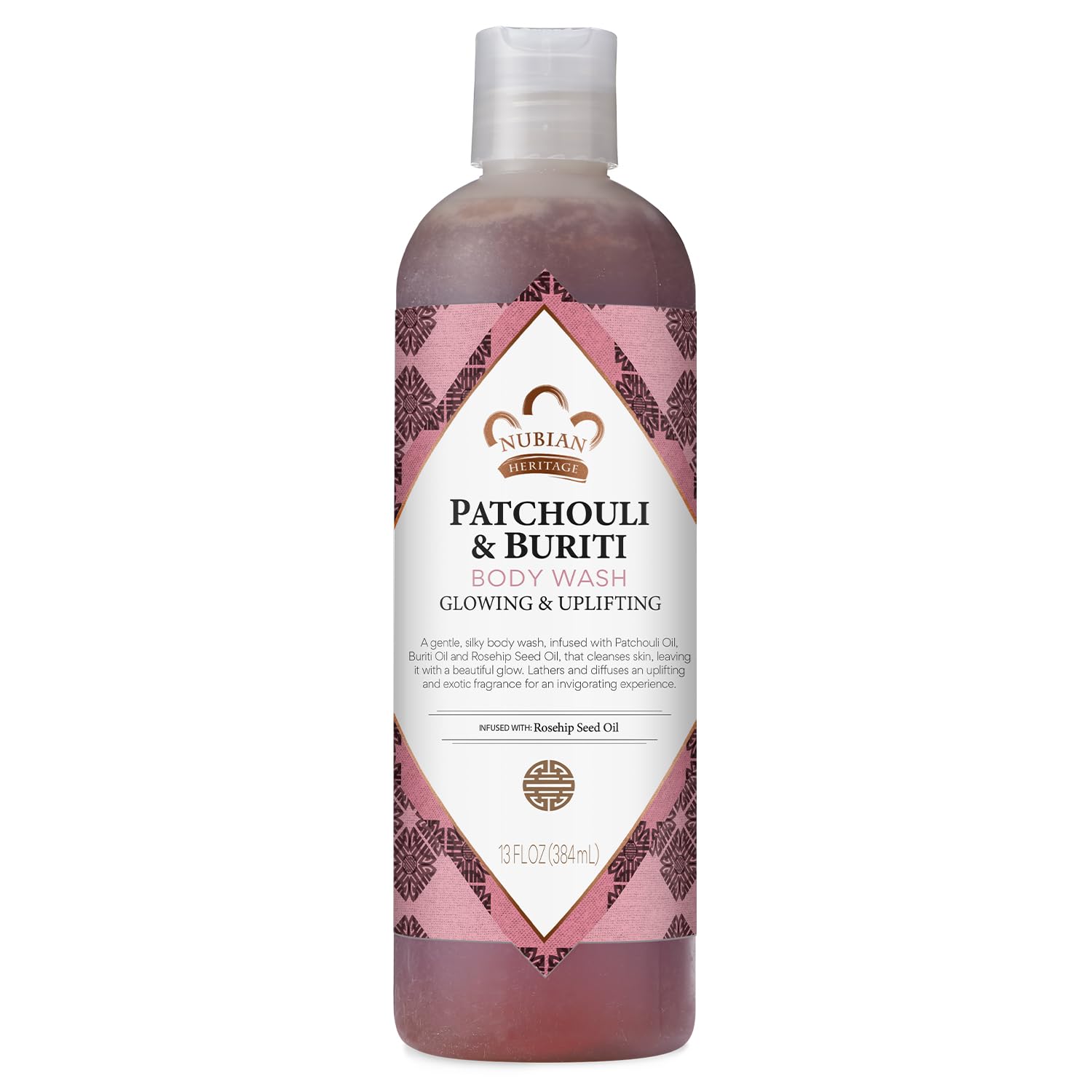 Gel douche Nubian Heritage Patchouli Buriti, bouteille visible, parfum tonifiant, peau propre et revitalisée.