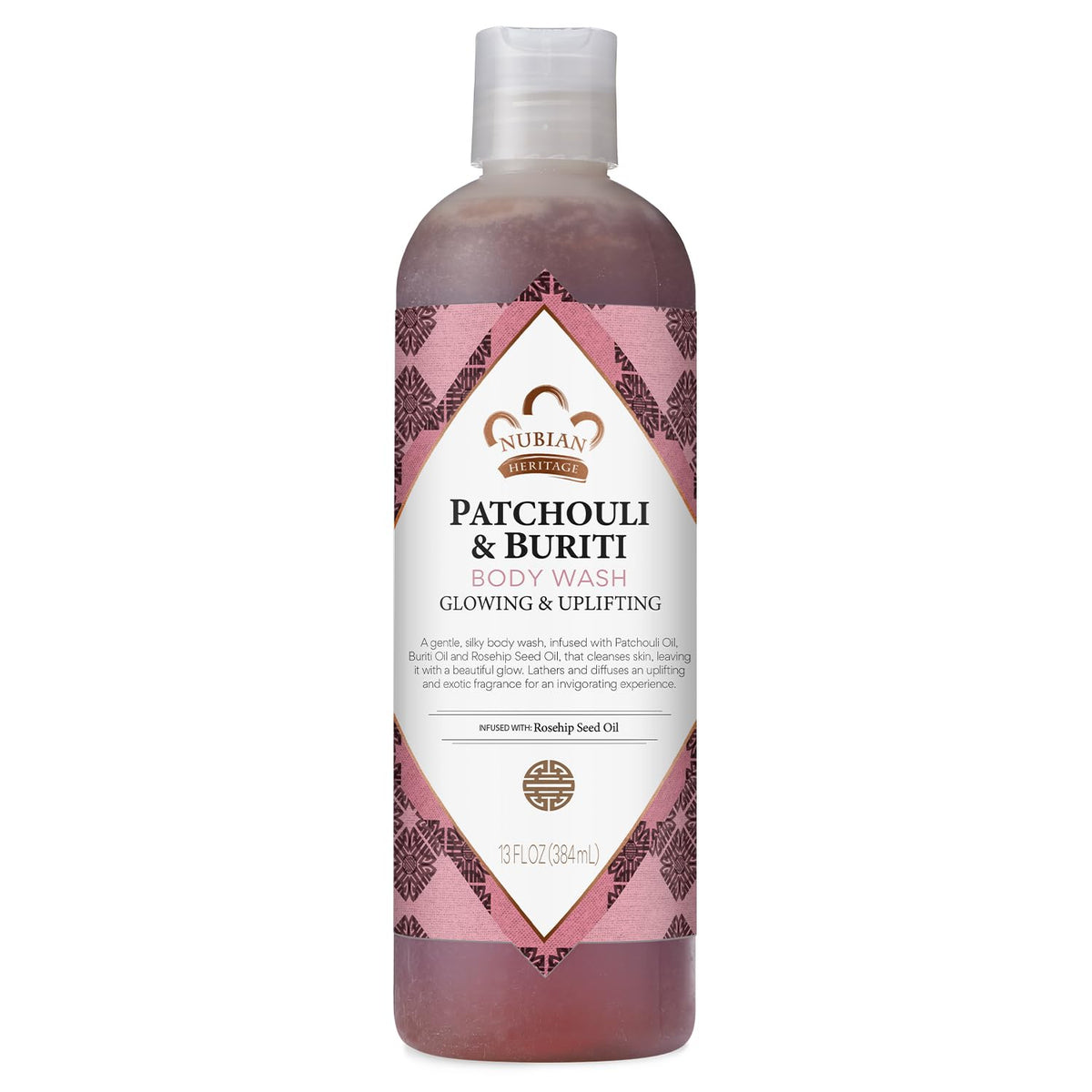 Gel douche Nubian Heritage Patchouli Buriti, bouteille visible, parfum tonifiant, peau propre et revitalisée.