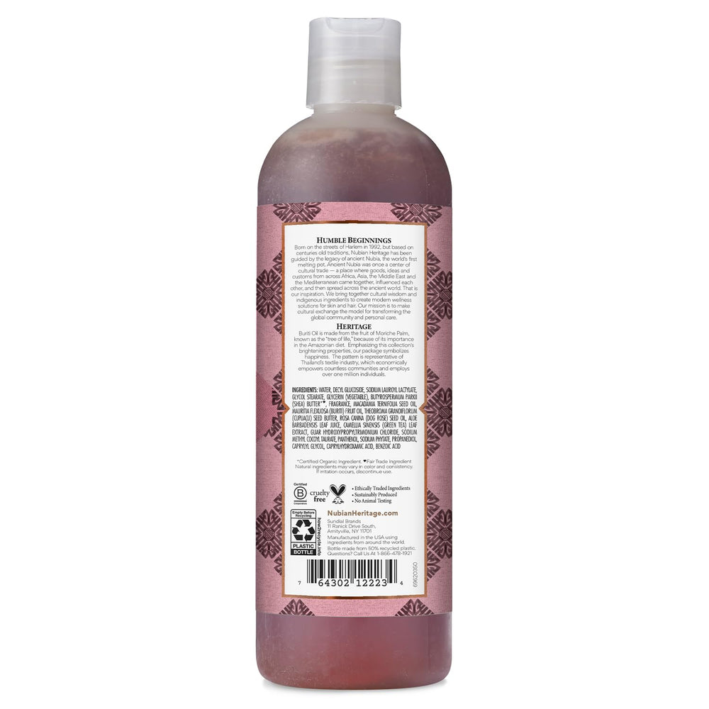 Gel douche Nubian Heritage aloé et huile de rose musquée, flacon en avant, hydratation douce.