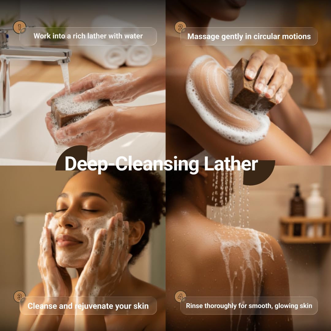 Nubiana Savon noir africain crémeux, mousse riche idéale pour visage et corps.