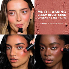 Nudestix Nudies Blush Stick montre le bloc couleur Langage du Corps pour un teint naturel.