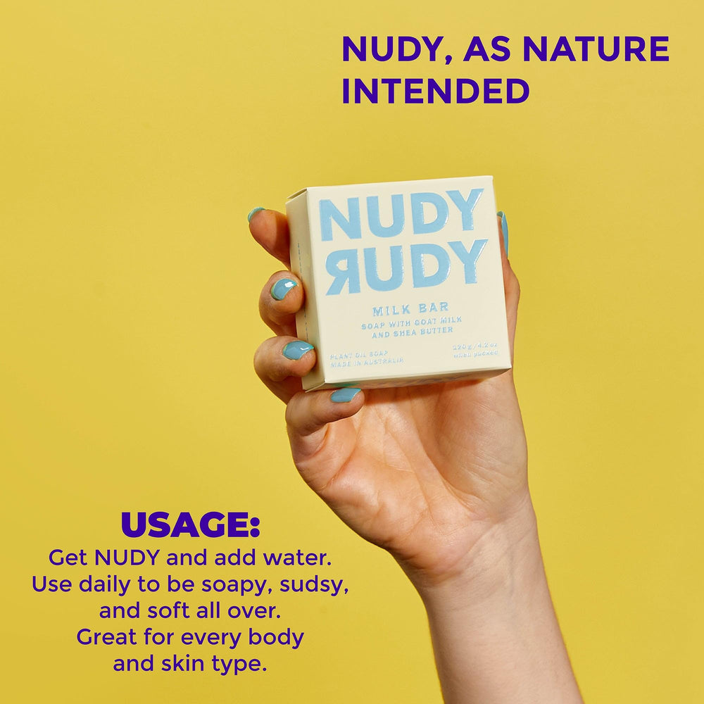 Savon triple-moulé Nudy Rudy, texture riche et durable.