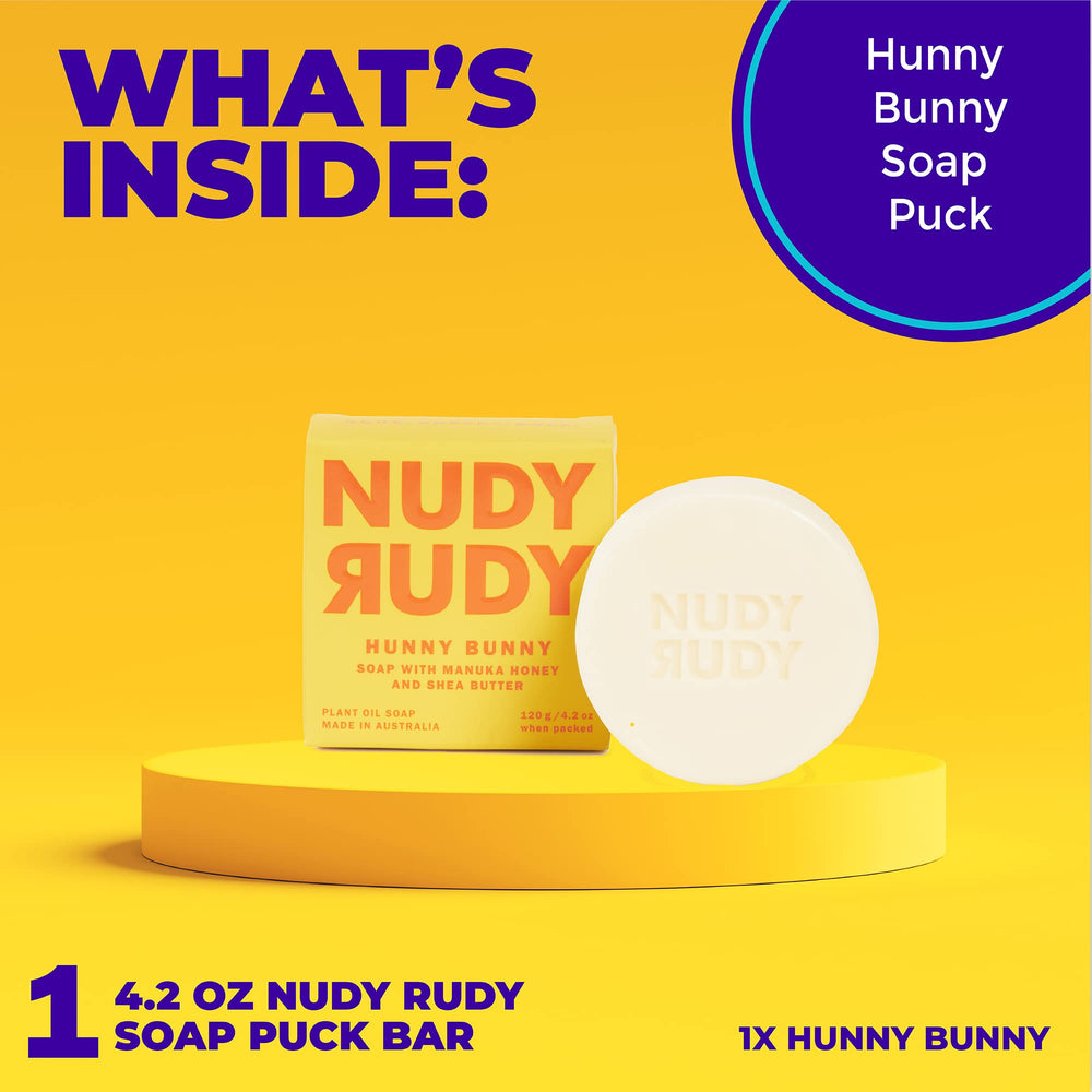 Savon Nudy Rudy Hunny Bunny, parfum miel doux pour une expérience réconfortante.