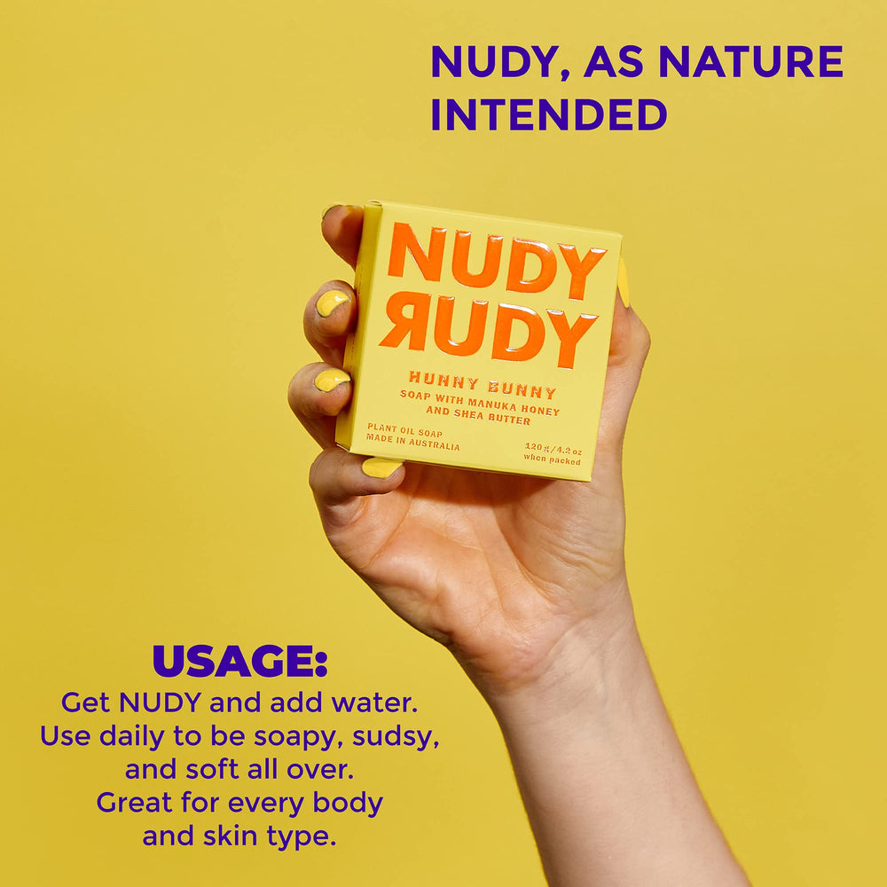Savon Nudy Rudy Hunny Bunny, idéal pour le rasage grâce à sa mousse lisse.