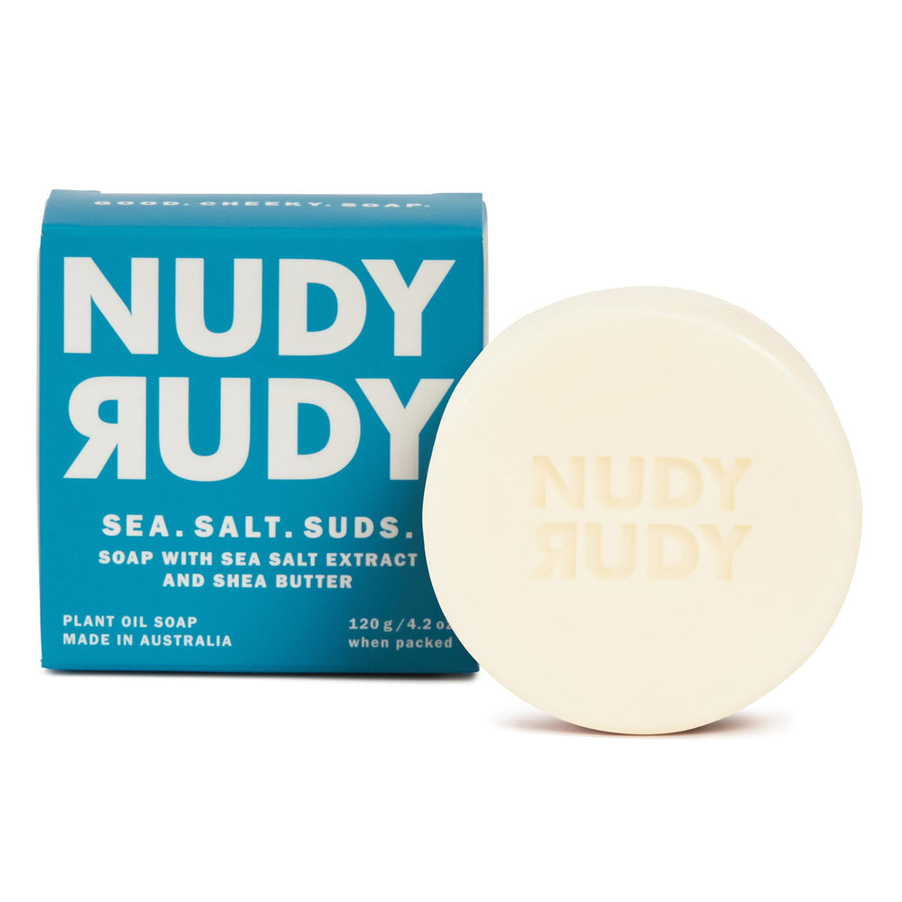 Nudy Rudy savon-barre-sel-de-mer: exfolie en douceur pour une peau nette après la douche.