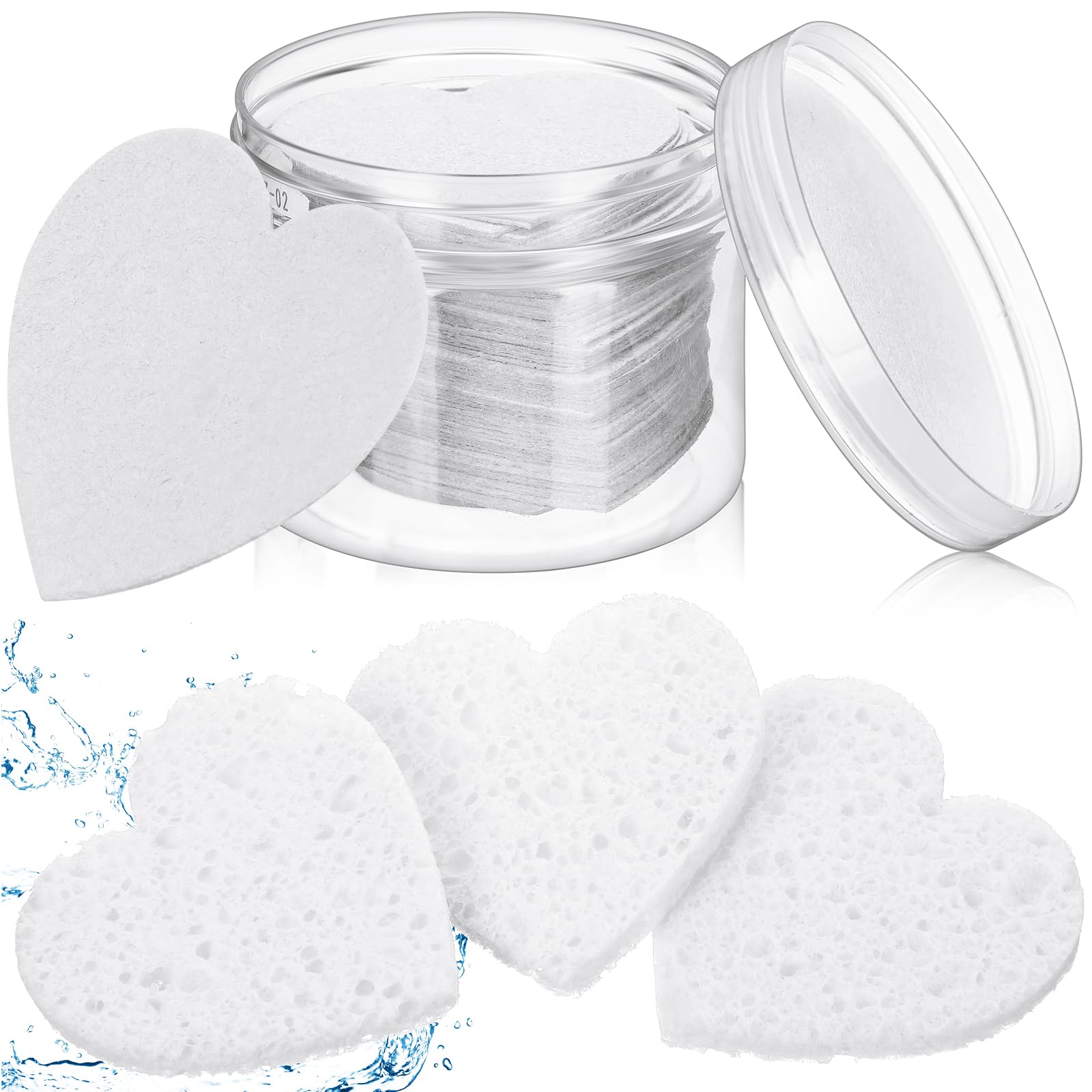 Éponges faciales Nuenen cœur dans le conteneur cylindrique, rangement pratique et hygiénique.
