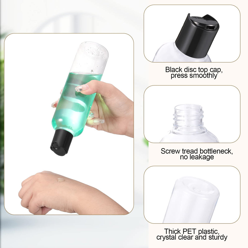 Bouteille Nuenen transparente en squeeze avec cap noir, idéale pour voyager et organiser les liquides.