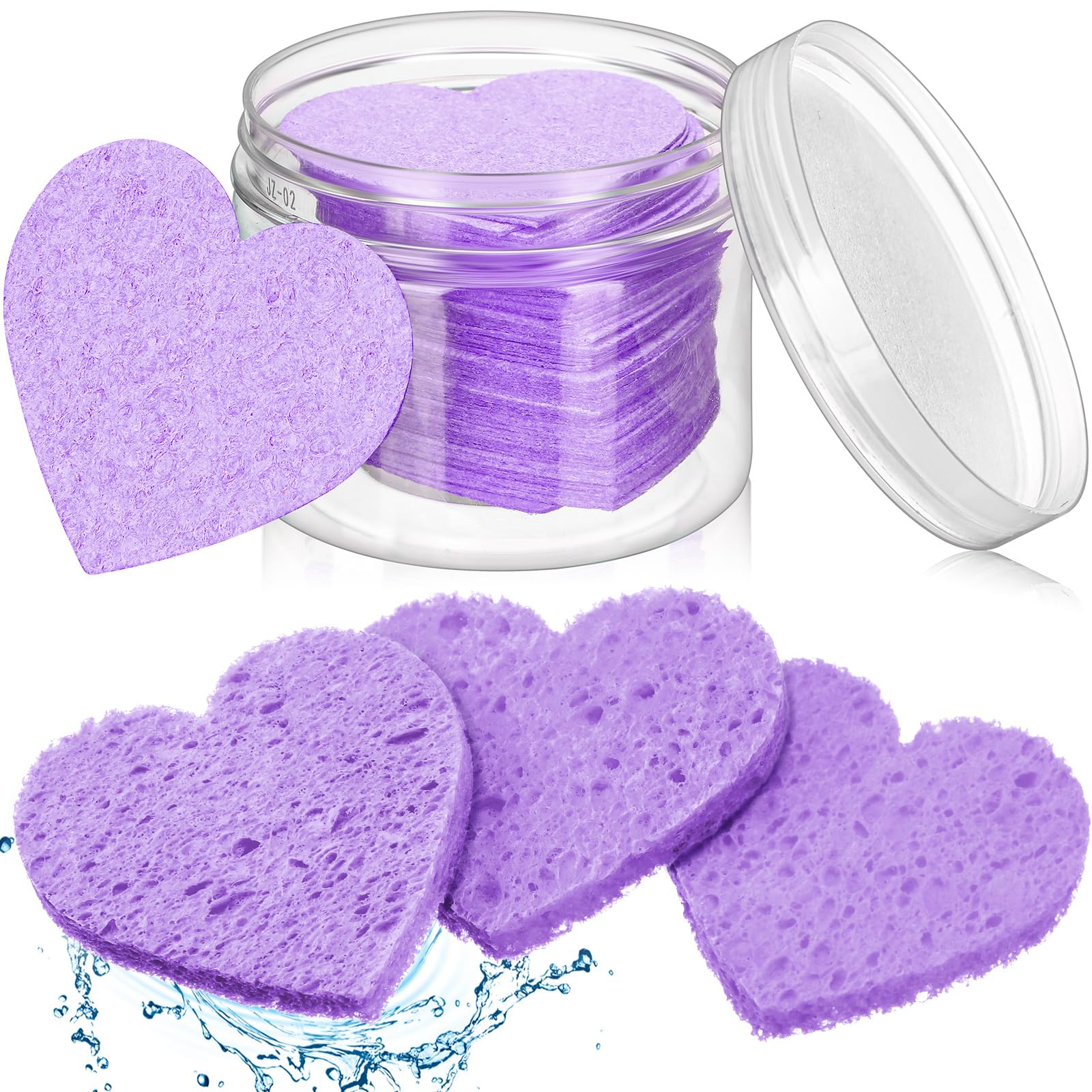 Éponge visage Nuenen cœur : ensemble de 60 pièces avec conteneur violet, pratique et hygiénique.
