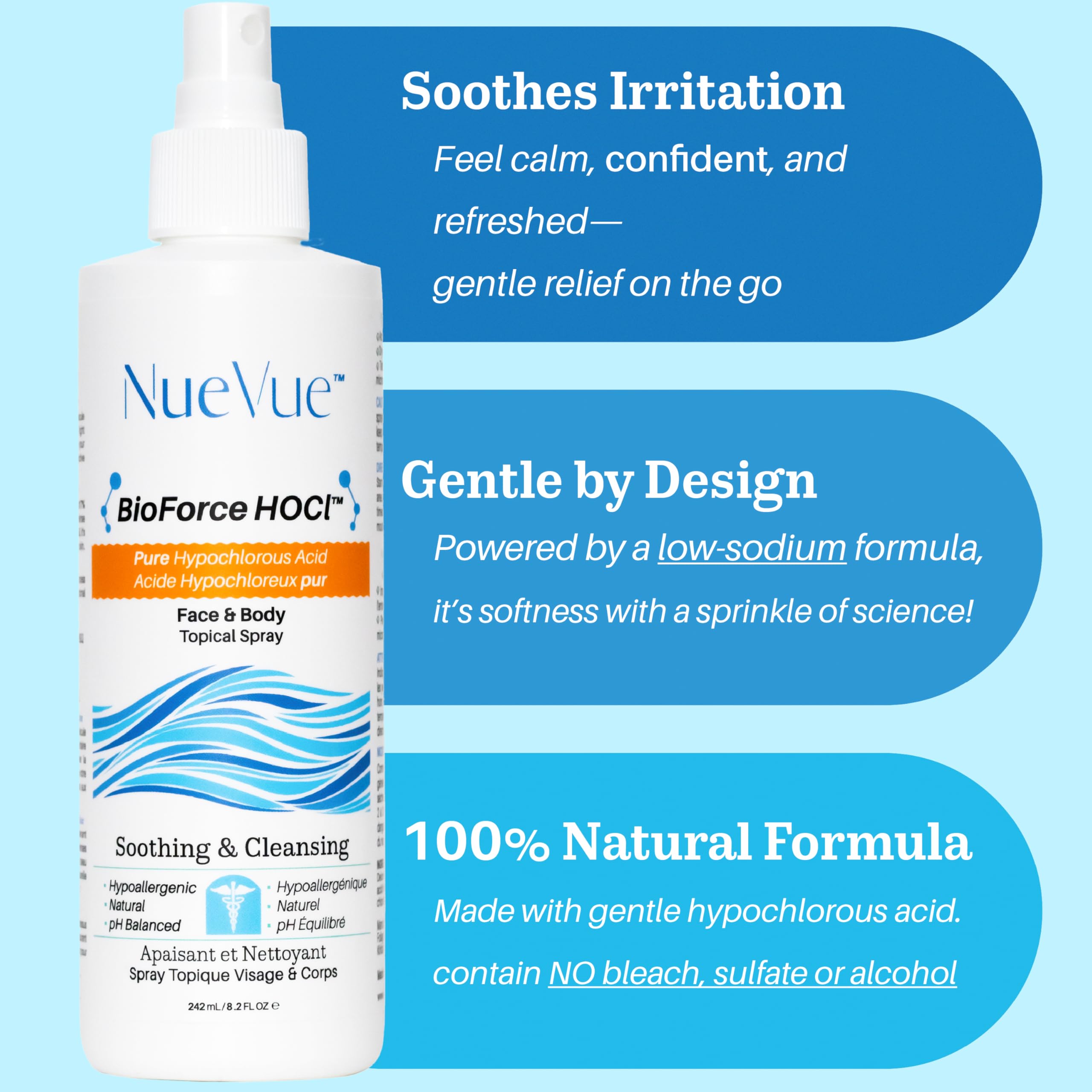 NueVue BioForce HOCl — brume corps rapide couvrant torse et dos.