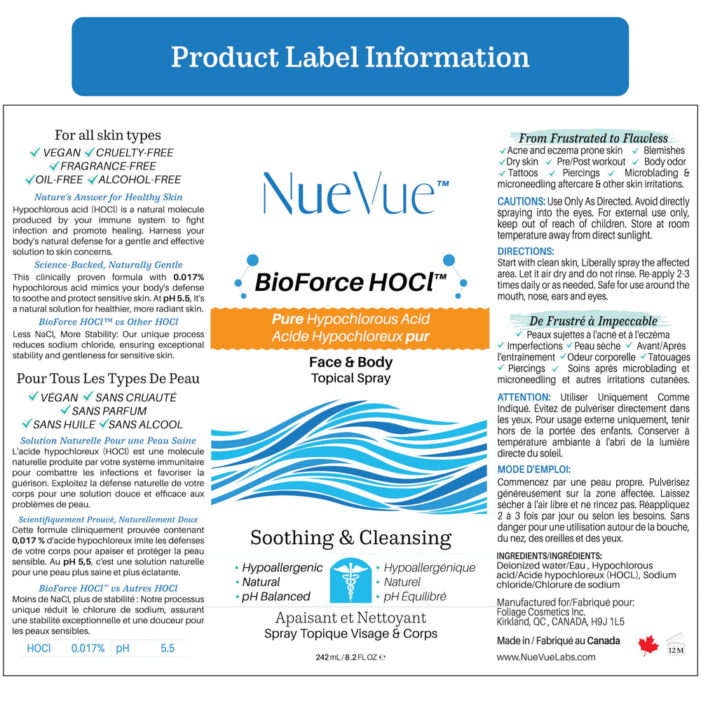 NueVue BioForce HOCl — flacon compact idéal pour une routine rapide.