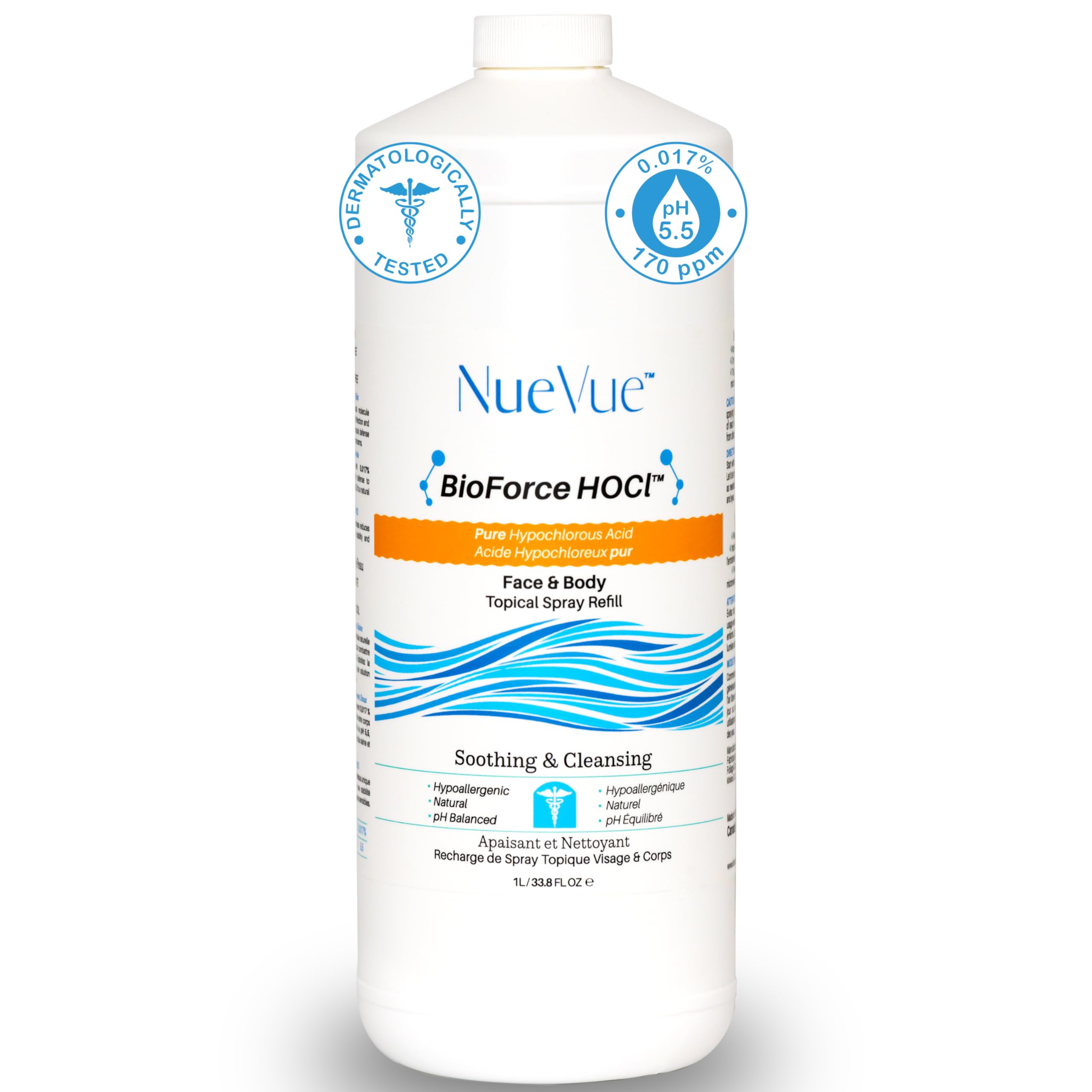 NueVue BioForce HOCl: bouteille remplissage 33oz pour soin quotidien doux