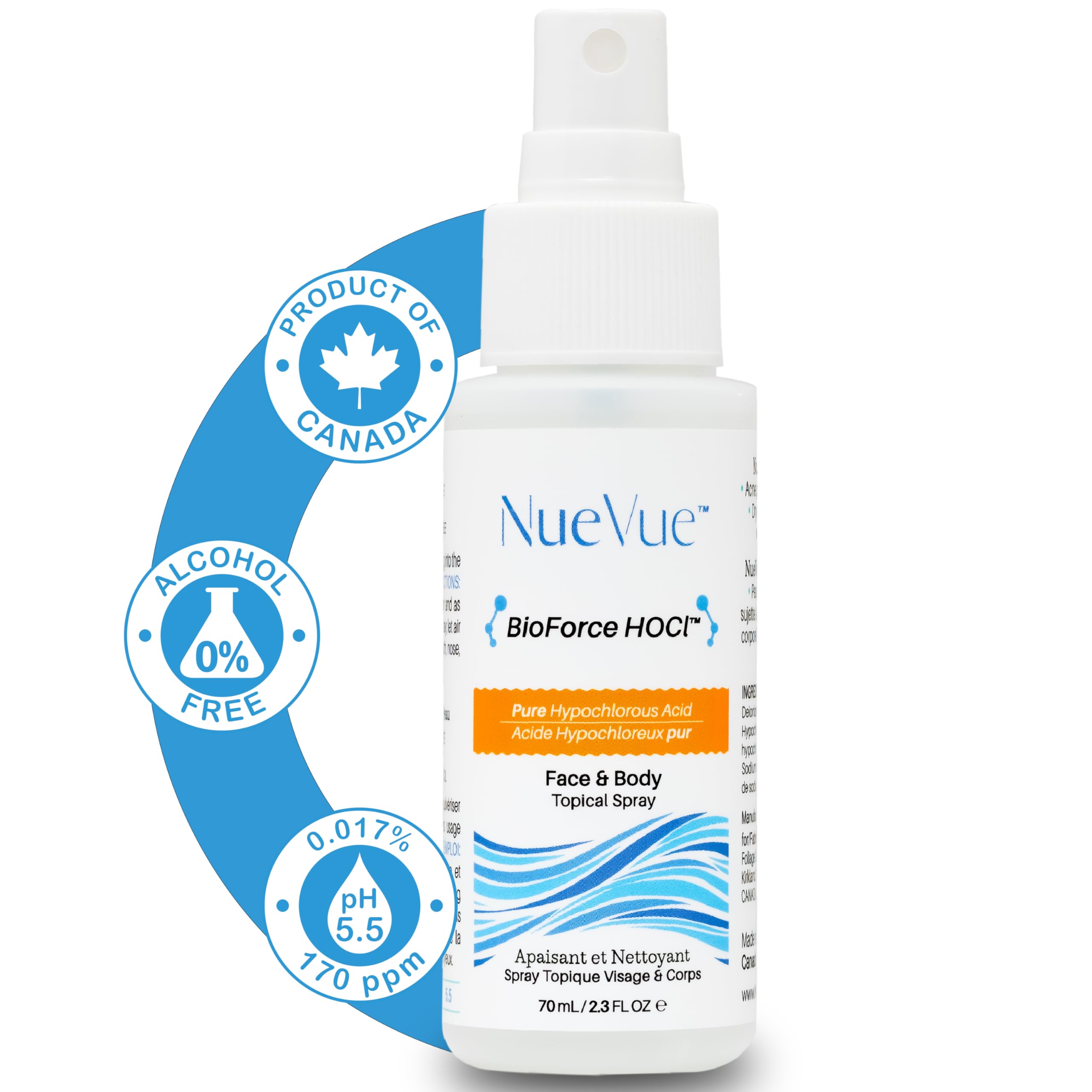 NueVue BioForce HOCl brume fine 360° pour visage.