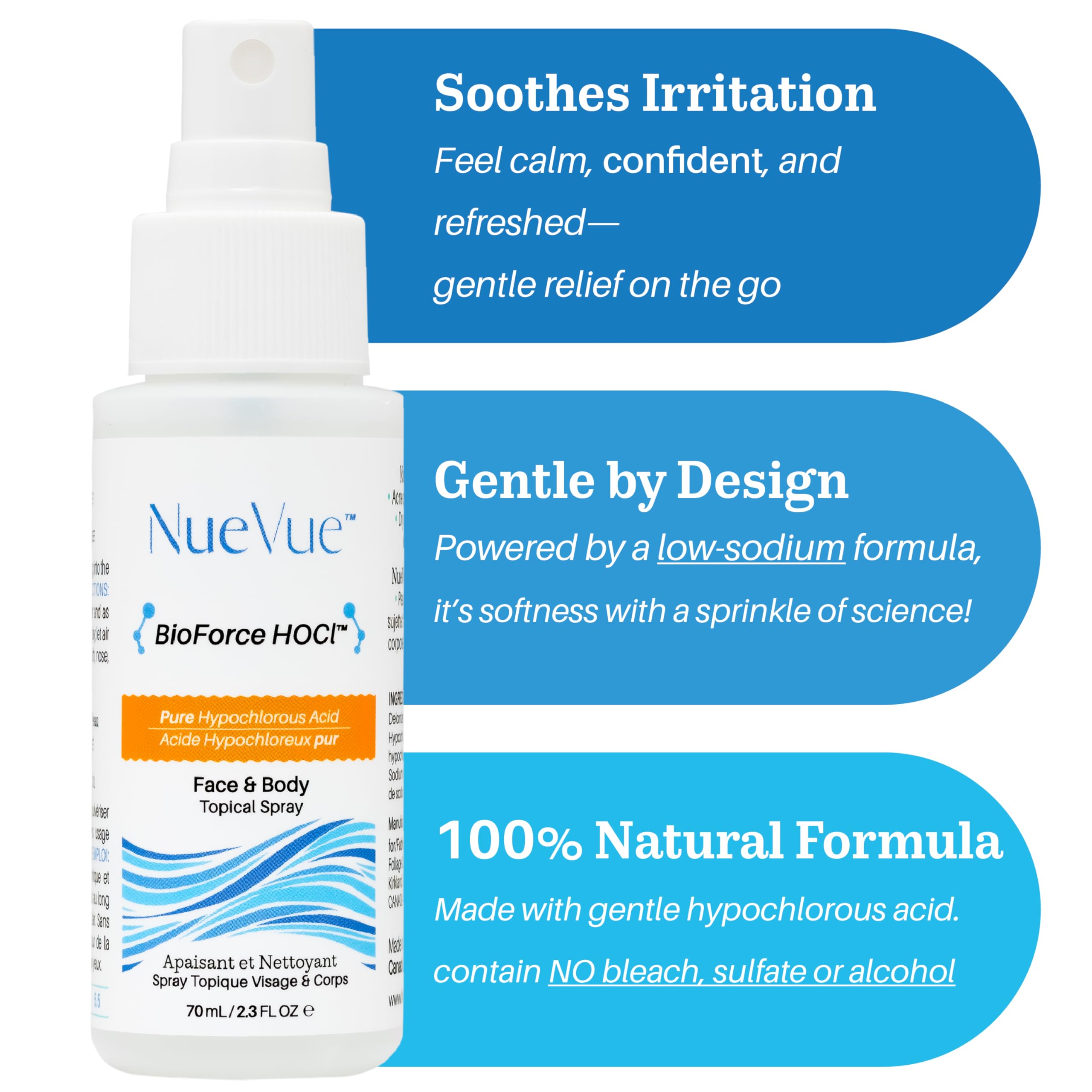NueVue BioForce HOCl spray en poche 70 ml pour voyage.
