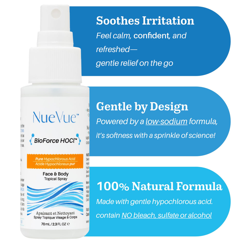 NueVue BioForce HOCl spray en poche 70 ml pour voyage.