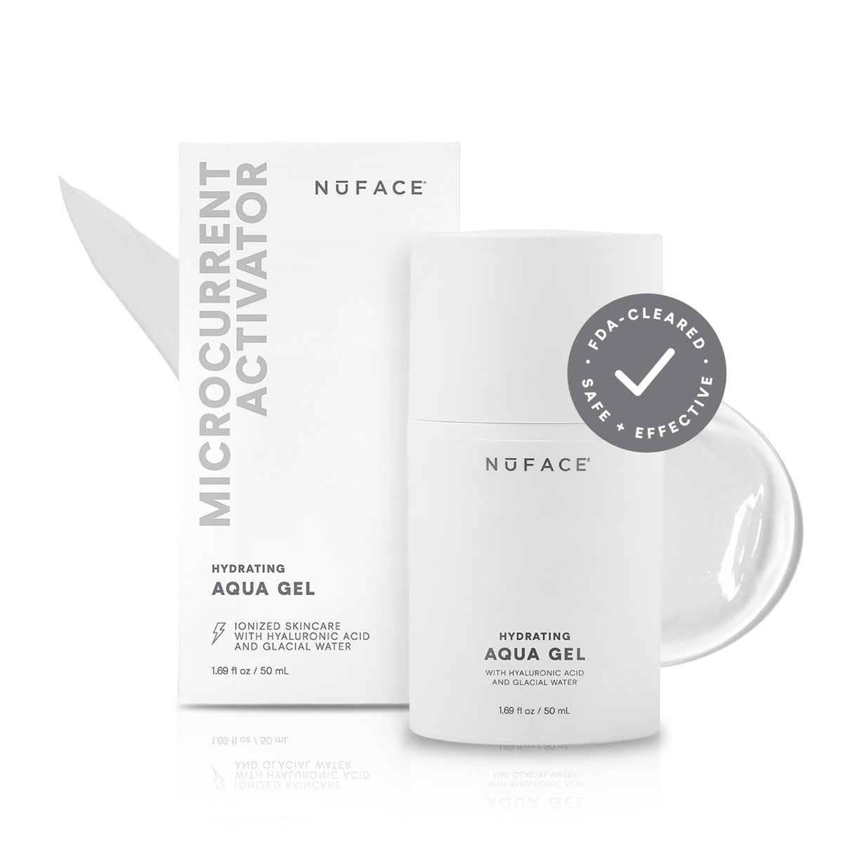 NuFACE Aqua Gel Activator en flacon, hydratation durable et conduction efficace.