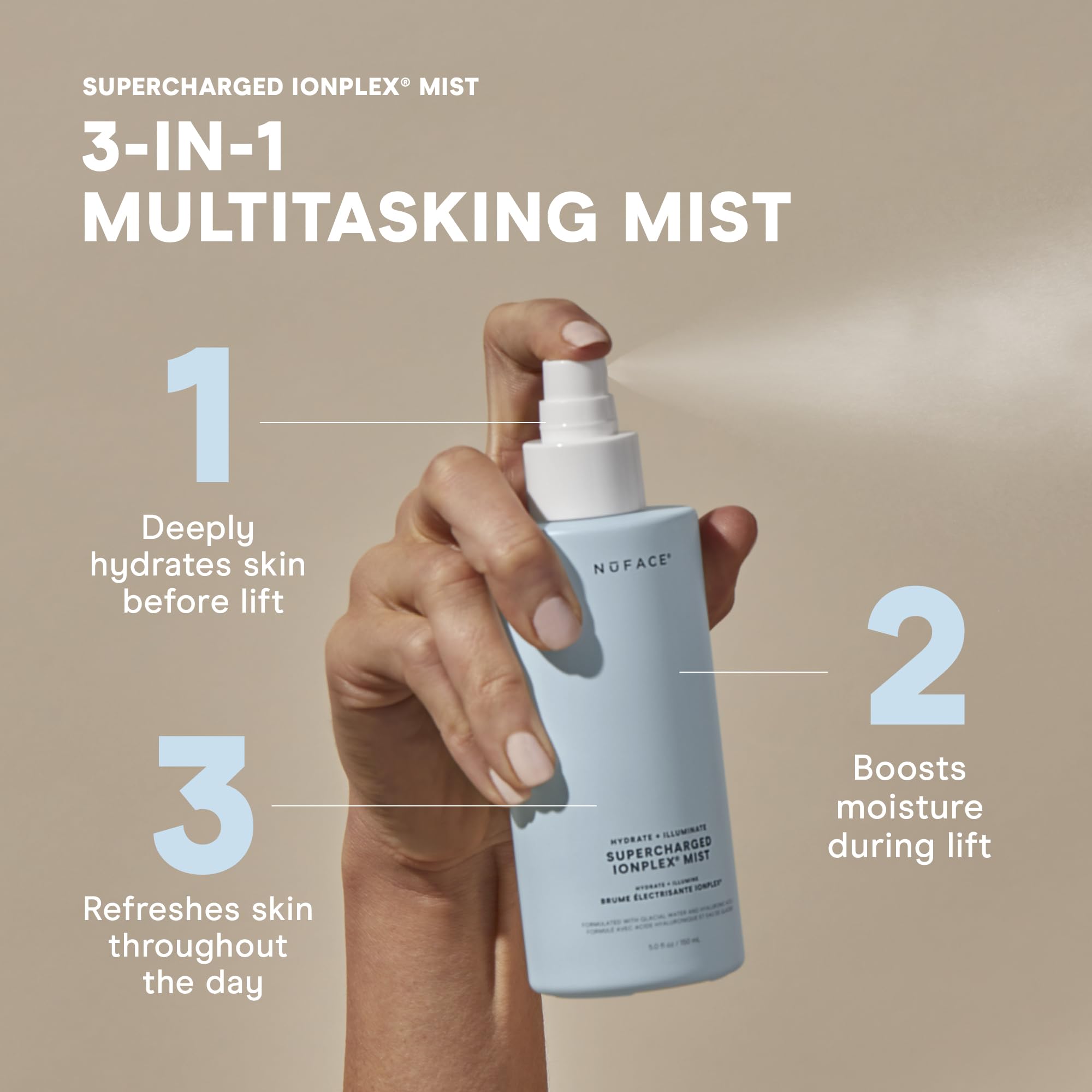 NuFACE usage quotidien rafraîchit et hydrate tout au long de la journée.