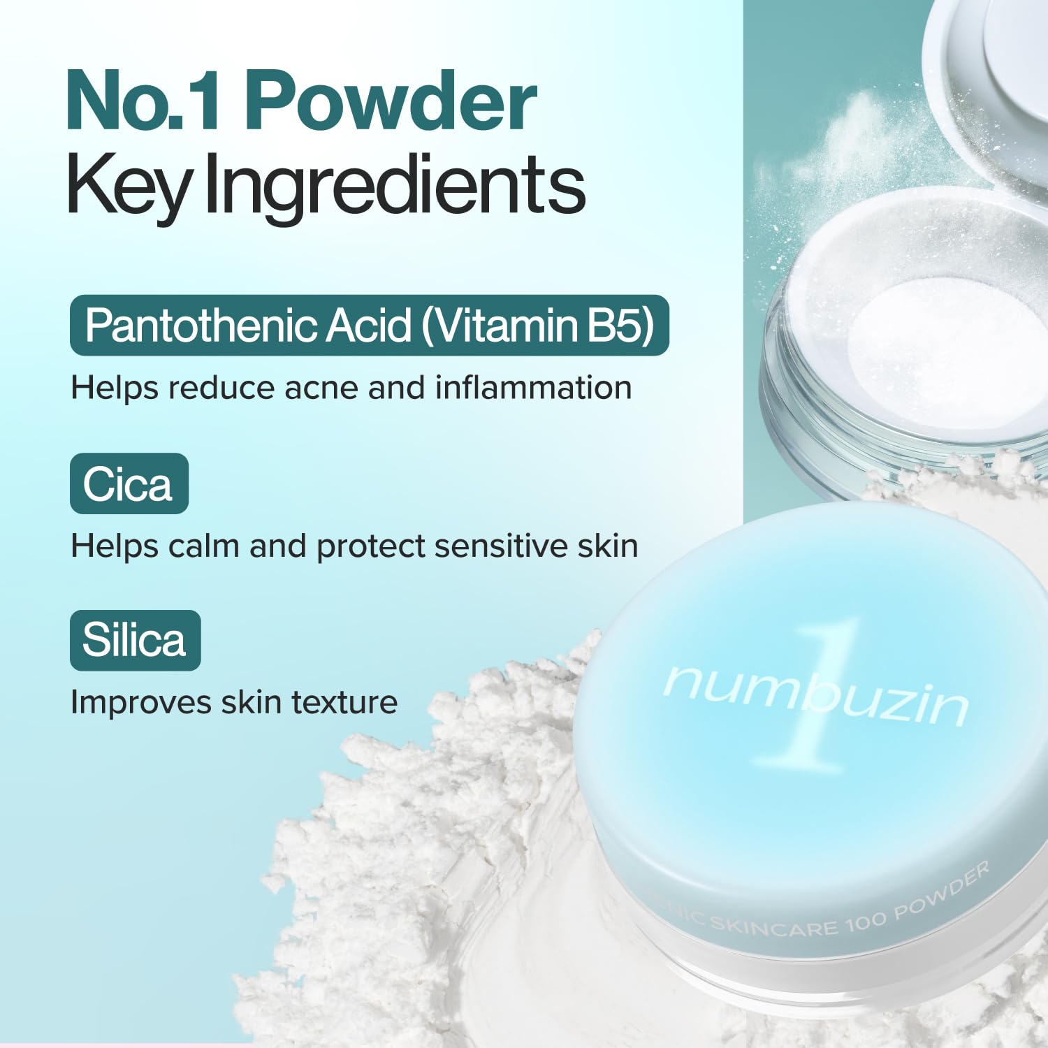 Numbuzin No.1 Poudre apaisante Cica calmant irritations et protégeant la peau sensible.