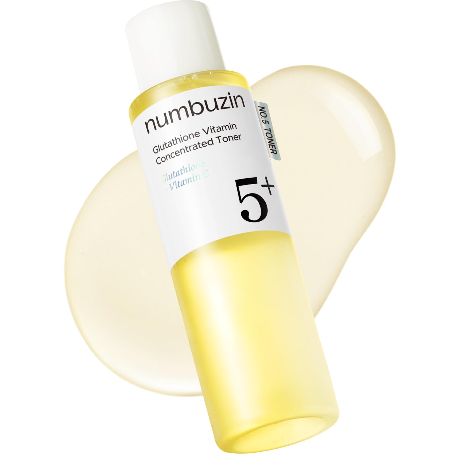 Numbuzin No.5 Toner éclat – bouteille visible et peau lumineuse après application.