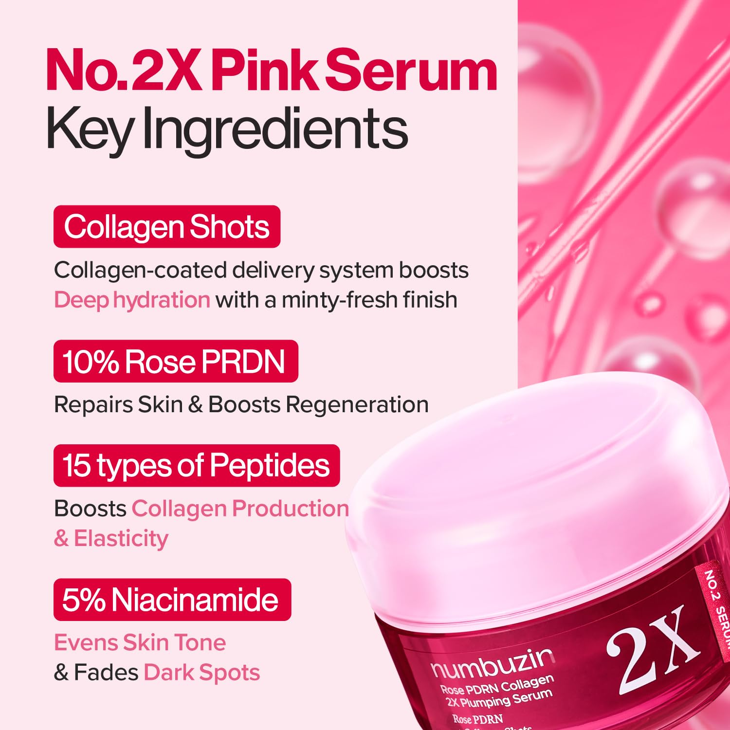 Sérum numbuzin Rose PDRN, PDRN et collagène soutiennent le volume.