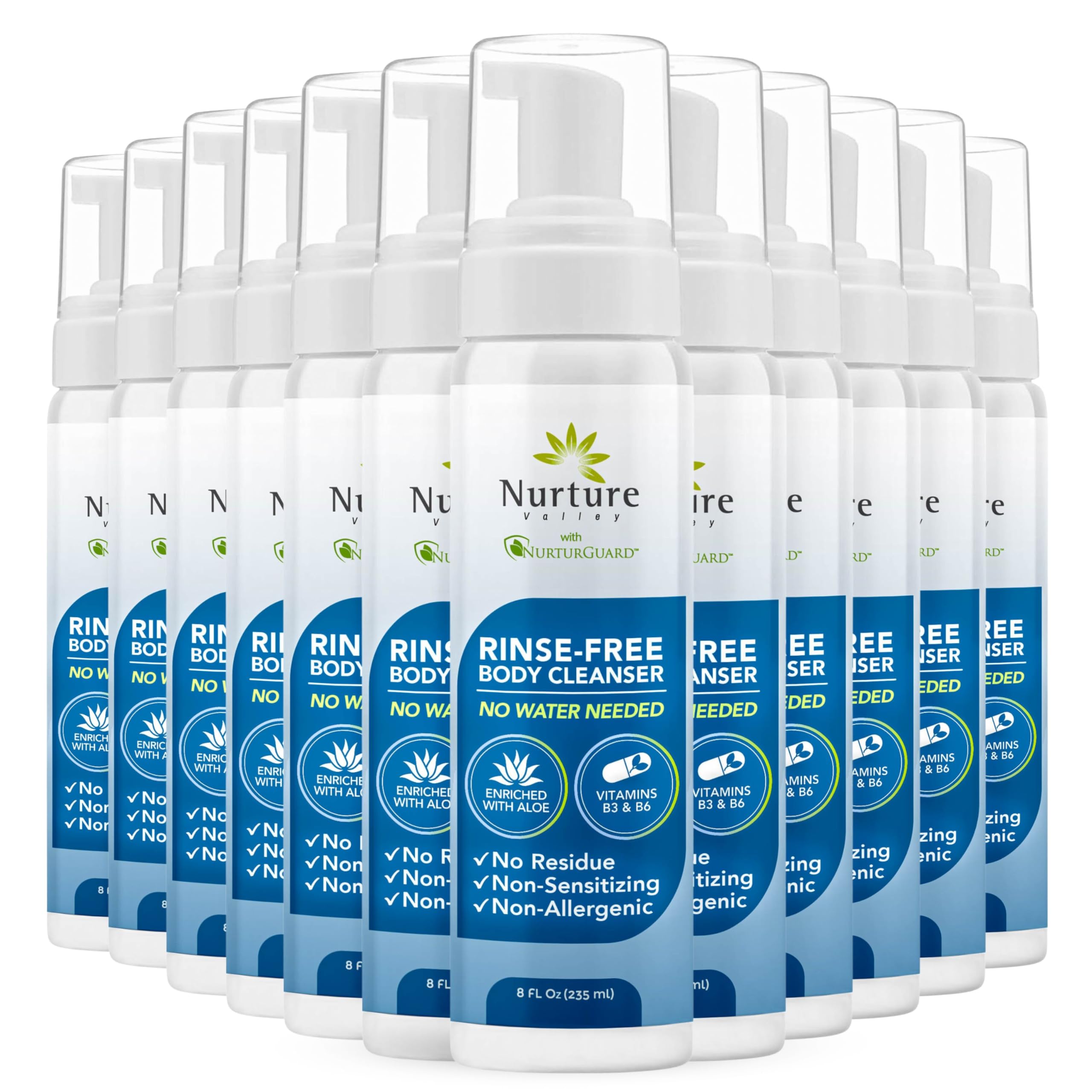 Nurture Valley Rince Free bouteille mousse aloe pour peau sensible sans rinçage.