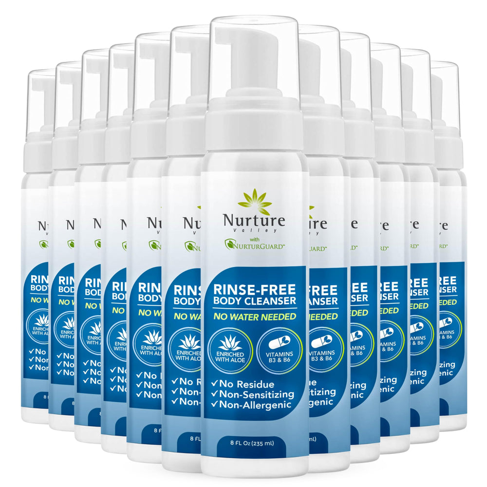 Nurture Valley Rince Free bouteille mousse aloe pour peau sensible sans rinçage.