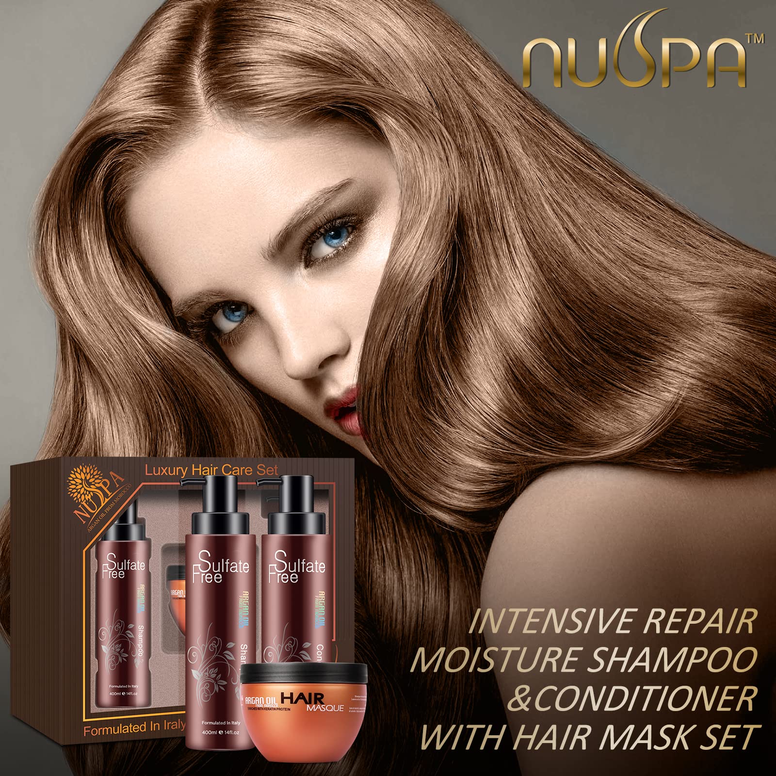 Nuspa Conditionneur Argan Marocain, flacon, démêle et laisse les cheveux soyeux.