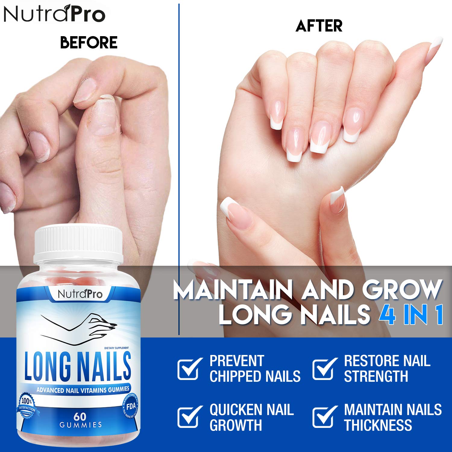 NutraPro bouteille gummies croissance des ongles, dose quotidienne pratique.