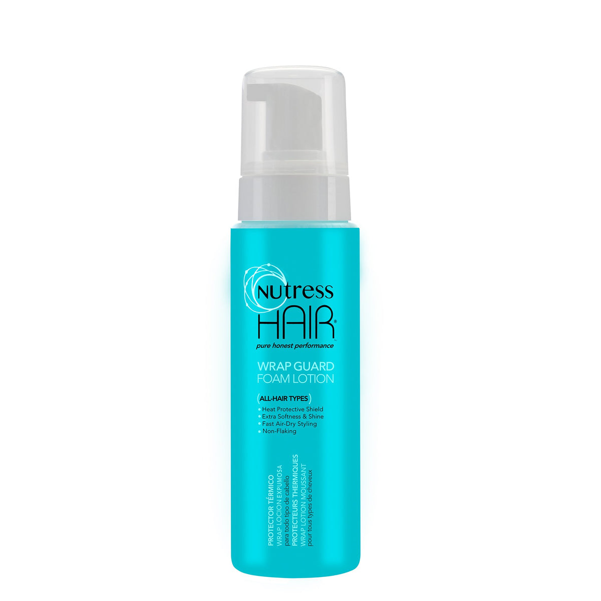 Nutress Lotion Mousse de Protection Sans Chaleur, bouteille, maintien léger pour cheveux soyeux.