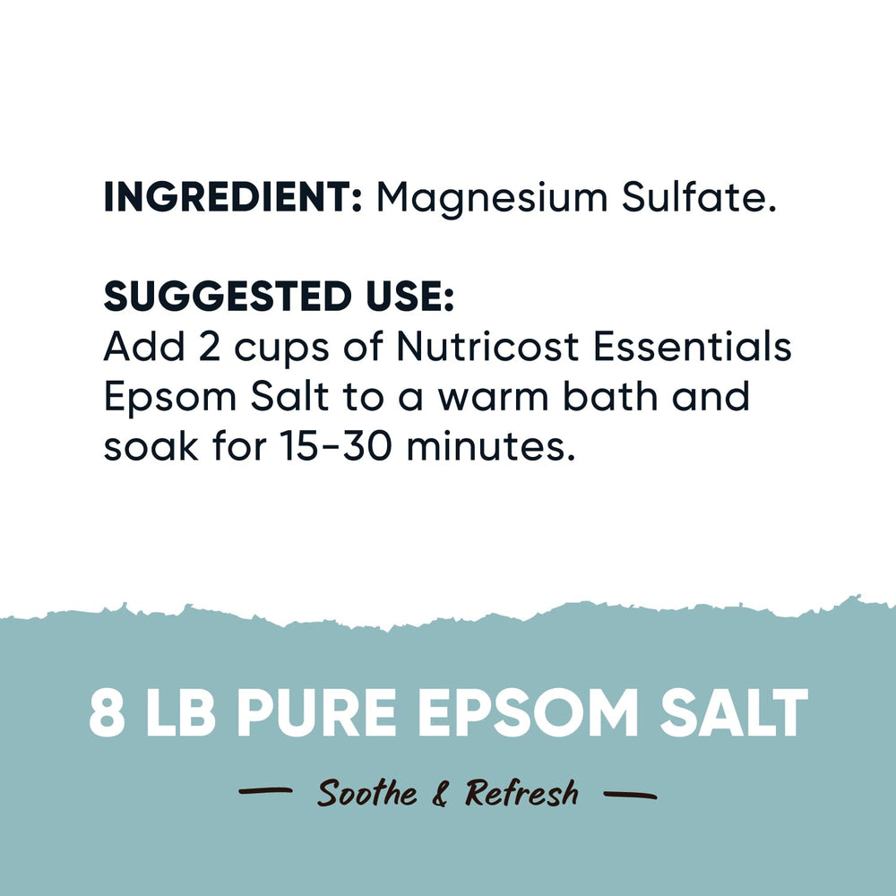 Nutricost Essentials Epsom Salt - Cristaux, dissolution rapide pour détente musculaire.