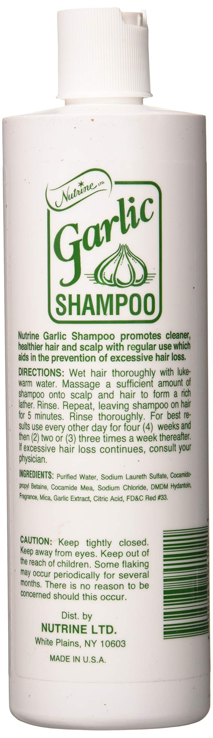 Nutrine Shampoing à l’ail sans parfum, étiquette, peut aider à maintenir un cuir chevelu équilibré.