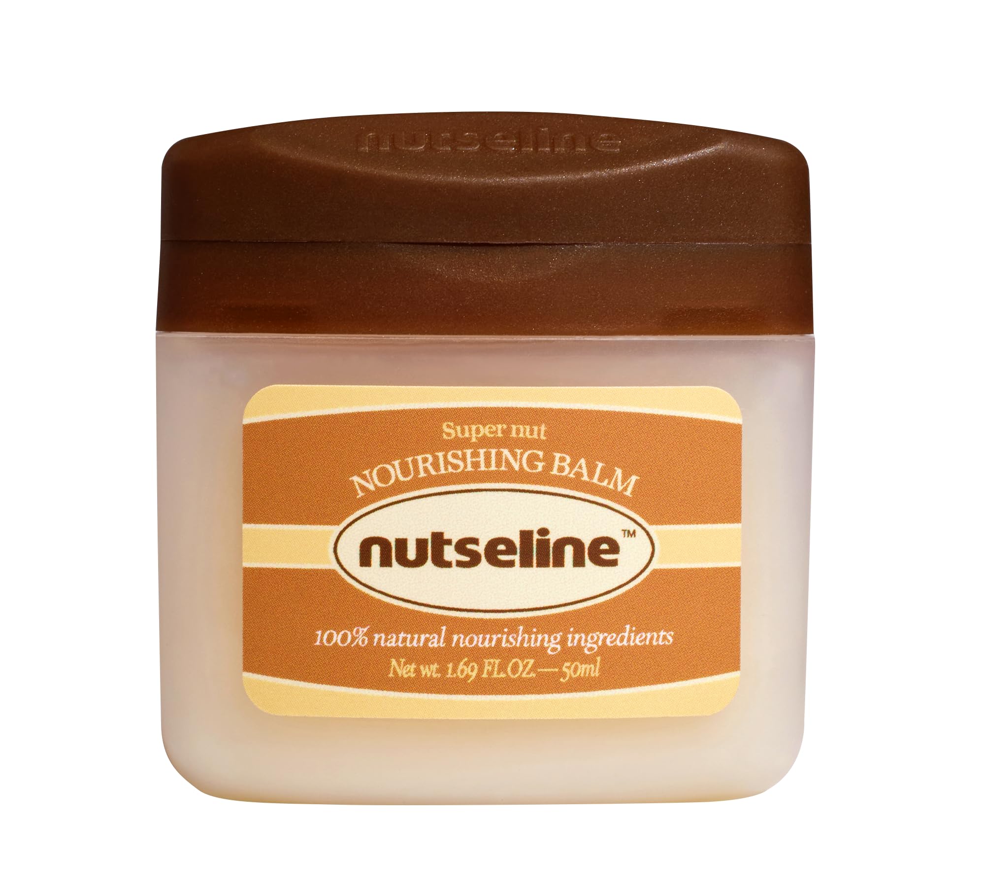 Nutseline Super Nut Balm label close-up showing 50ml size for portability.