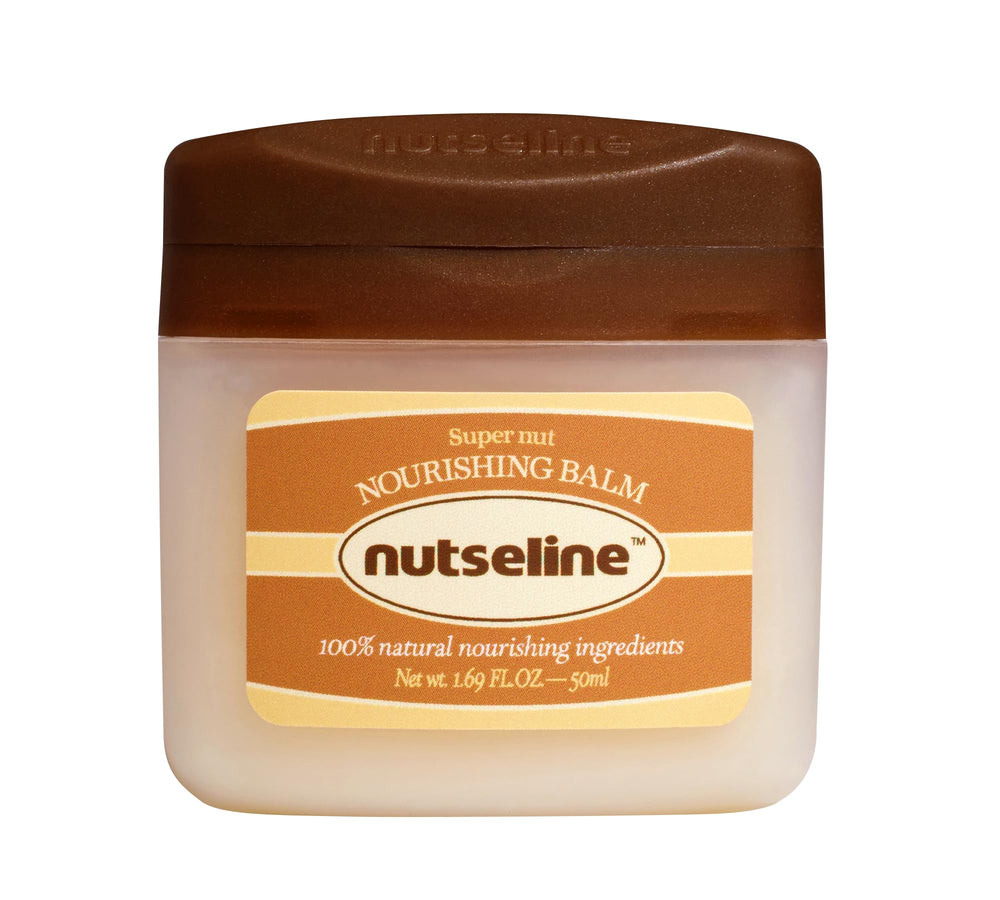 Nutseline Super Nut Balm label close-up showing 50ml size for portability.
