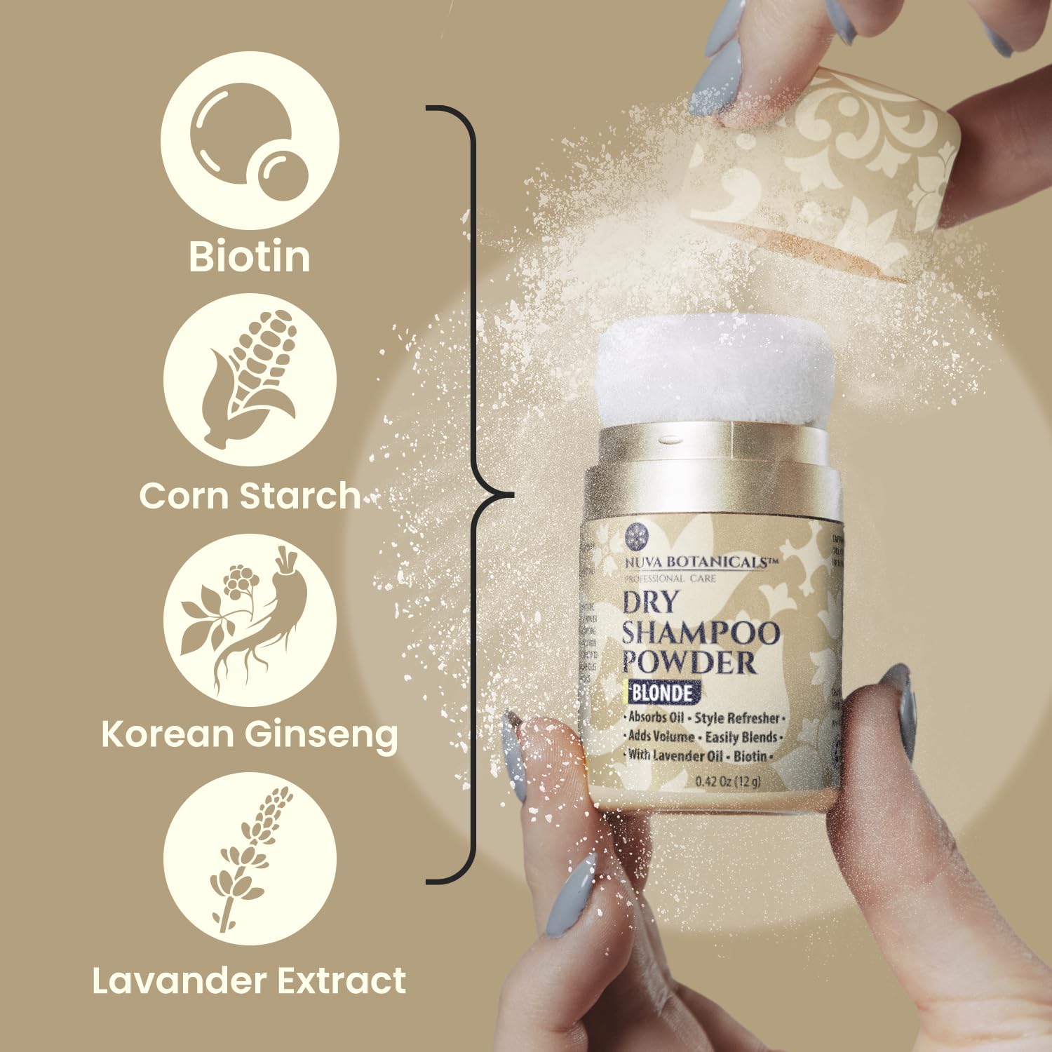 Absorption avec amidon de maïs dans Nuva Botanicals Blonde Dry Shampoo Poudre.