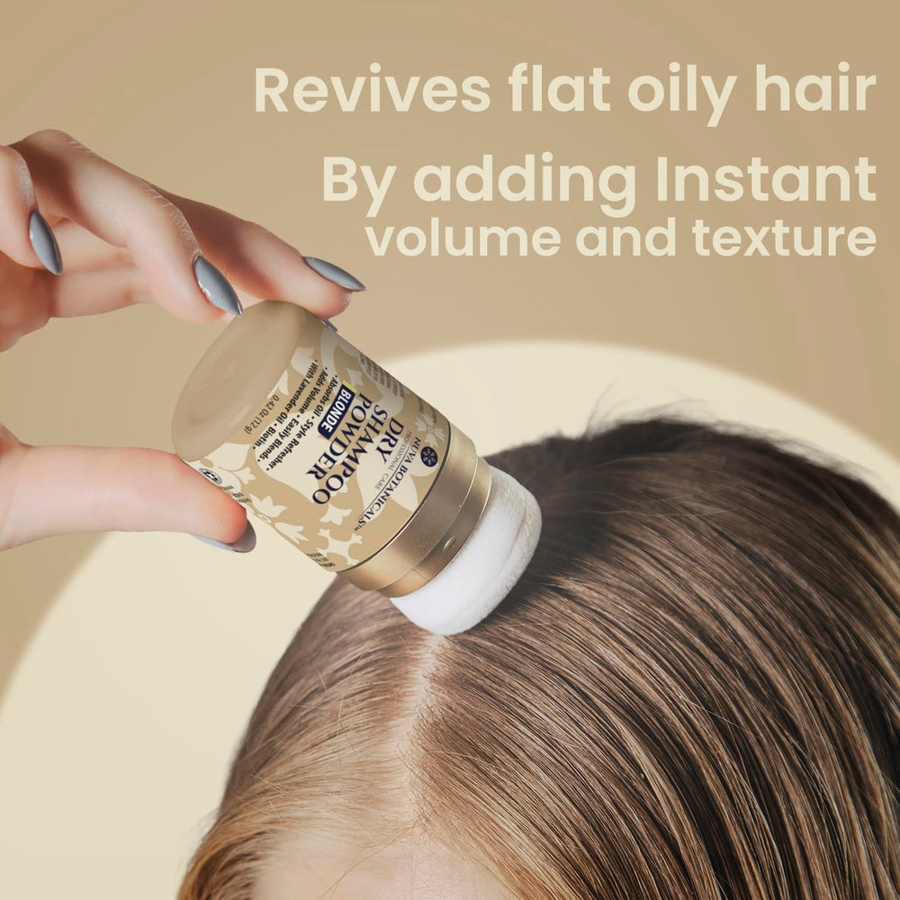 Cheveux blonds brillants et naturels avec Nuva Botanicals Blonde Dry Shampoo Poudre.