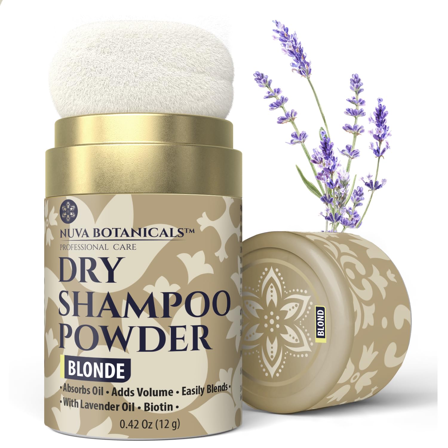 Nuva Botanicals Blonde Dry Shampoo Poudre – emballage mini, pratique en voyage.