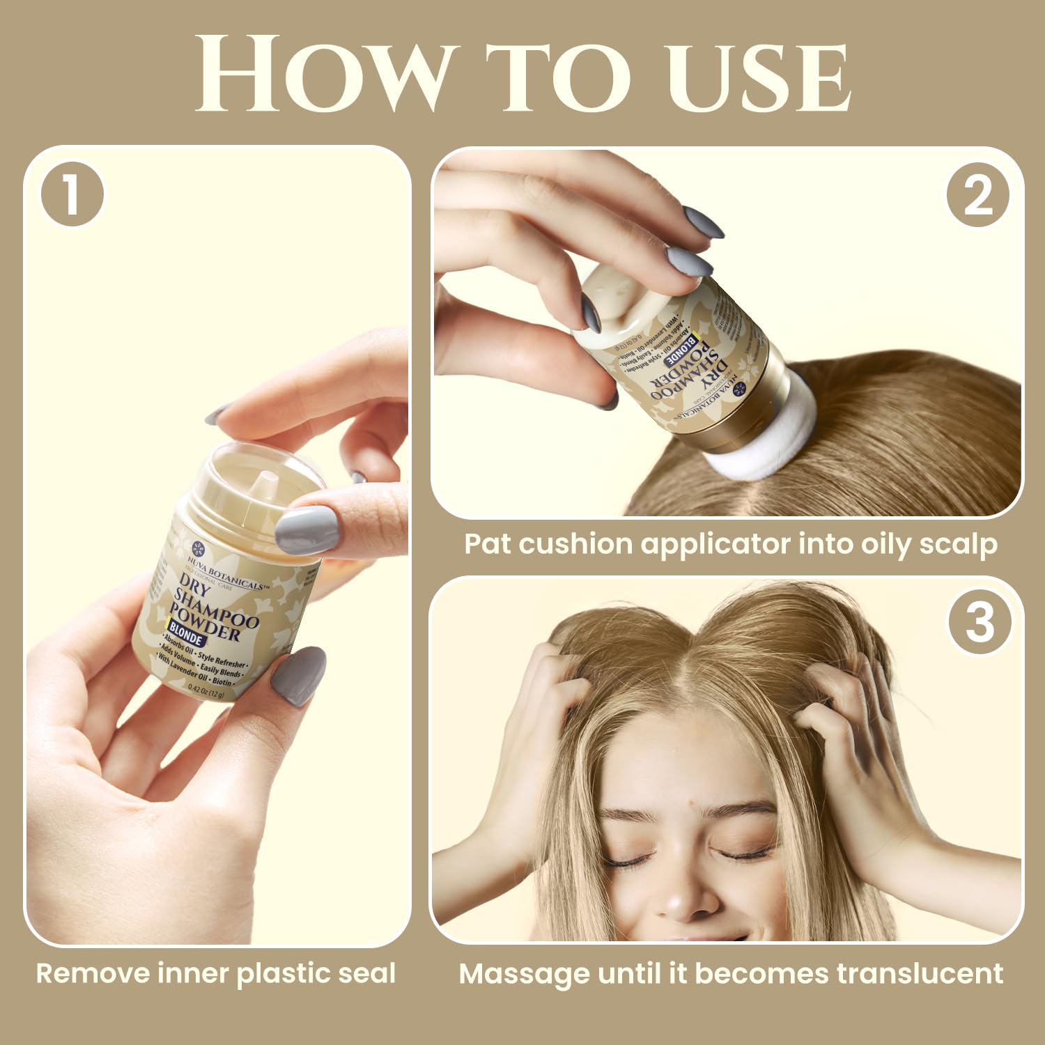 Texture lisse de Nuva Botanicals Blonde Dry Shampoo Poudre pour une application discrète.