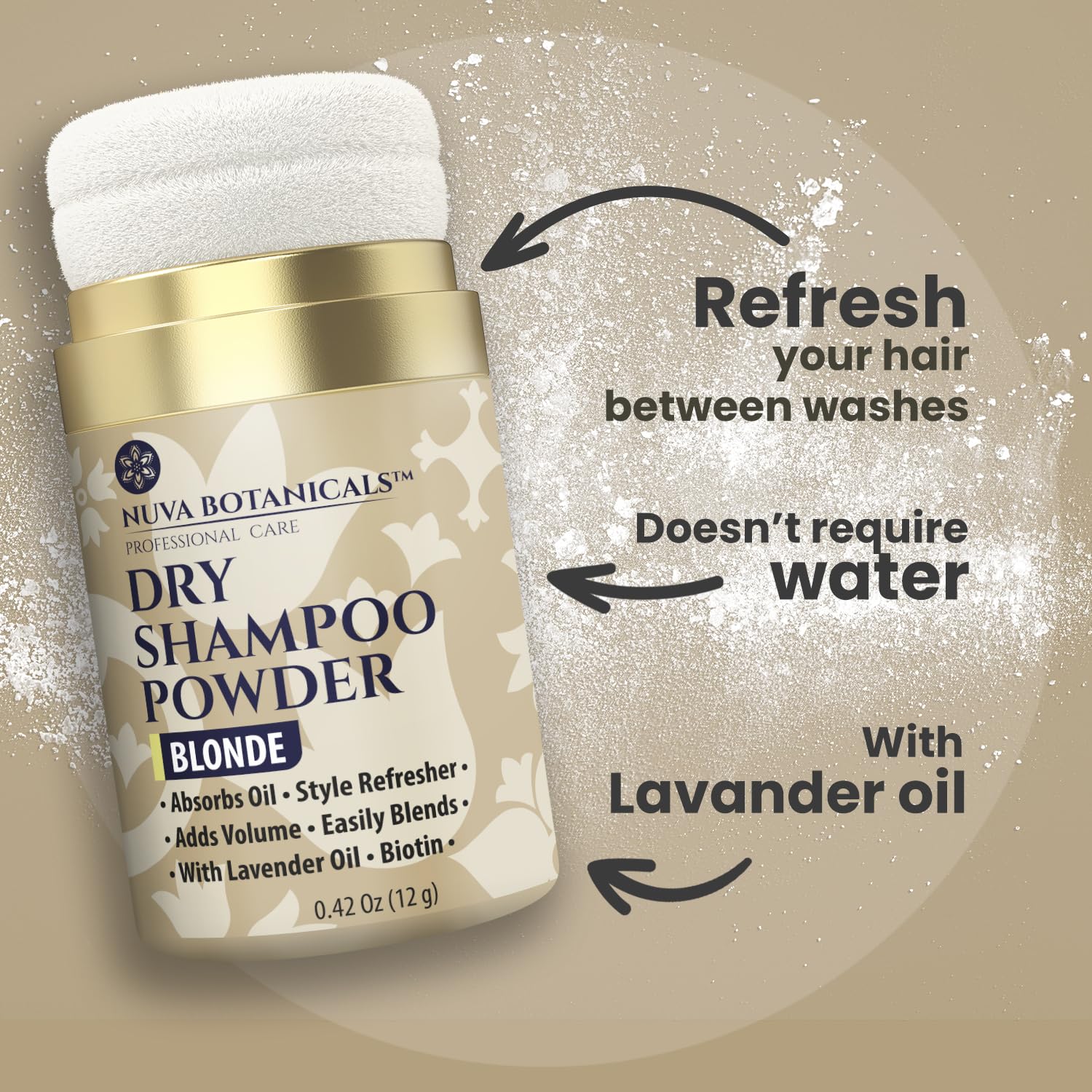 Volume instantané grâce au ginseng coréen dans Nuva Botanicals Blonde Dry Shampoo Poudre.