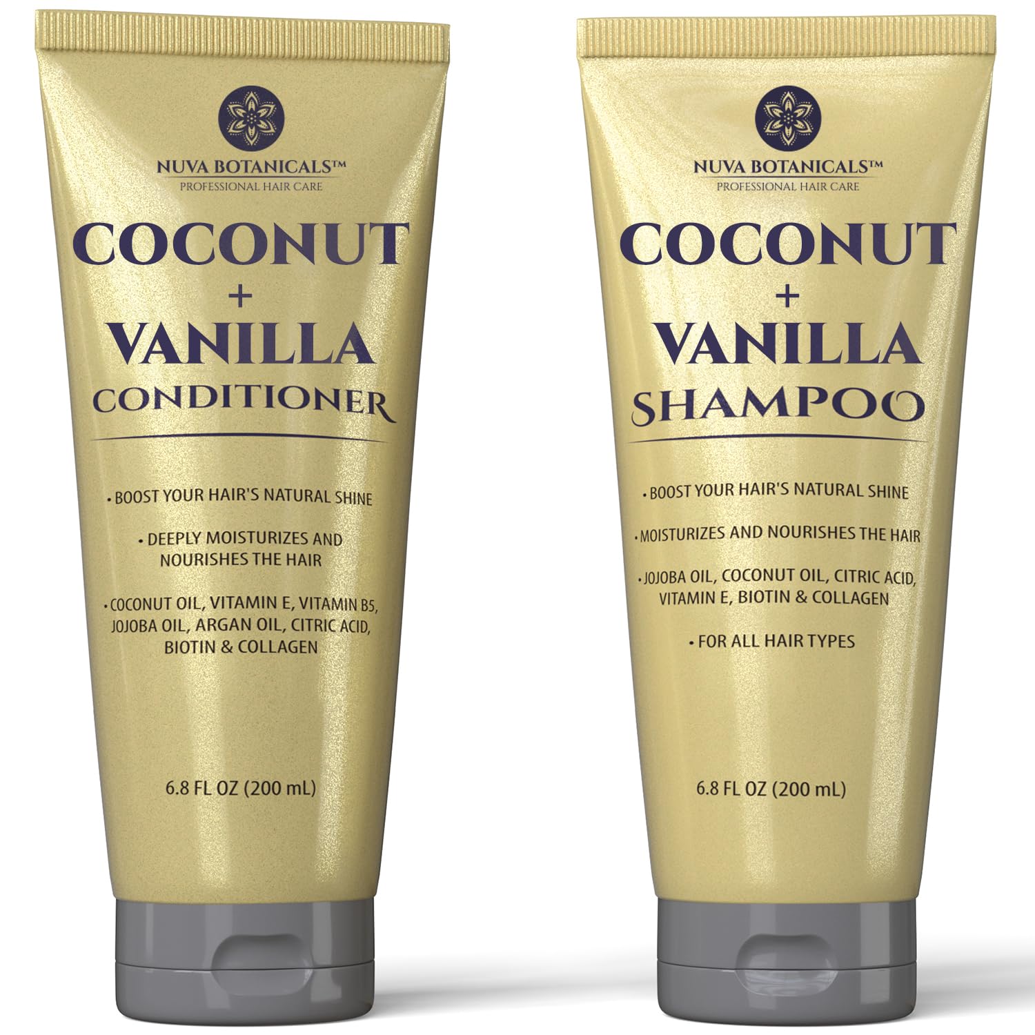 Nuva Botanicals Coco Vanille shampoo bouteille: hydratation en profondeur et brillance.
