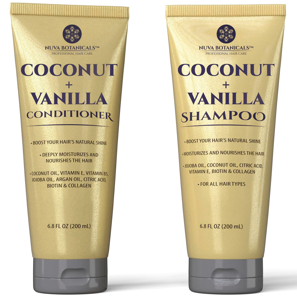 Nuva Botanicals Coco Vanille shampoo bouteille: hydratation en profondeur et brillance.