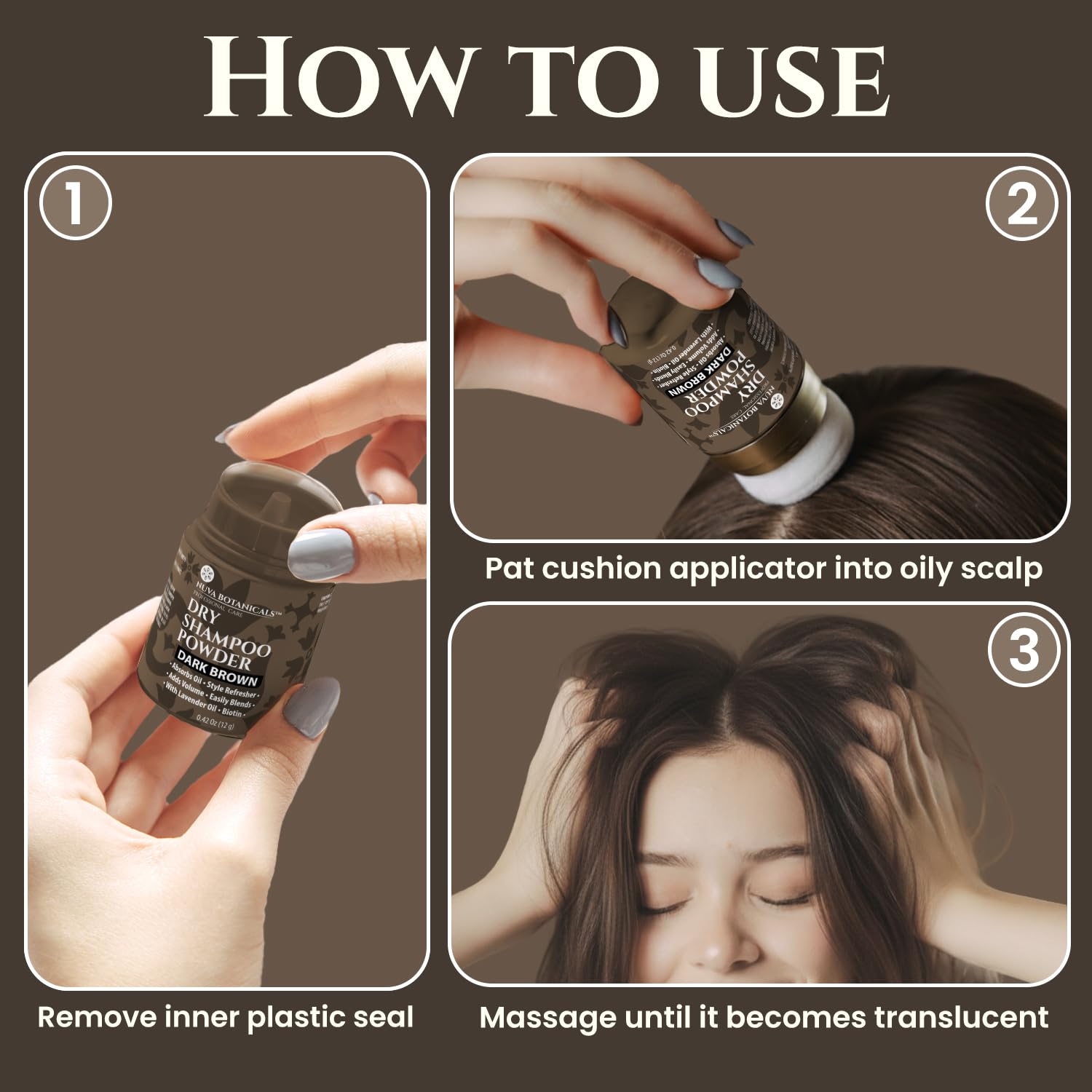 Nuva Botanicals Poudre Séche Brun Foncé Format Voyage – format compact pratique pour déplacements.
