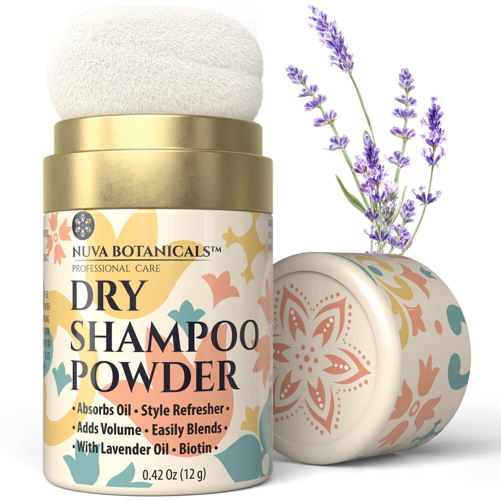 Nuva Botanicals poudre sèche non aérosol avec lavande et ginseng, pratique en déplacement.
