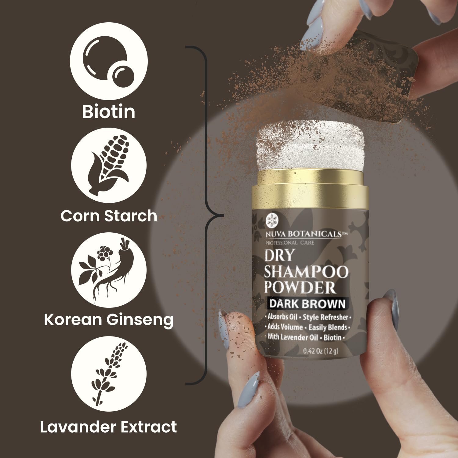 Nuva Botanicals Poudre Séche Sans Eau – application rapide sans lavage.